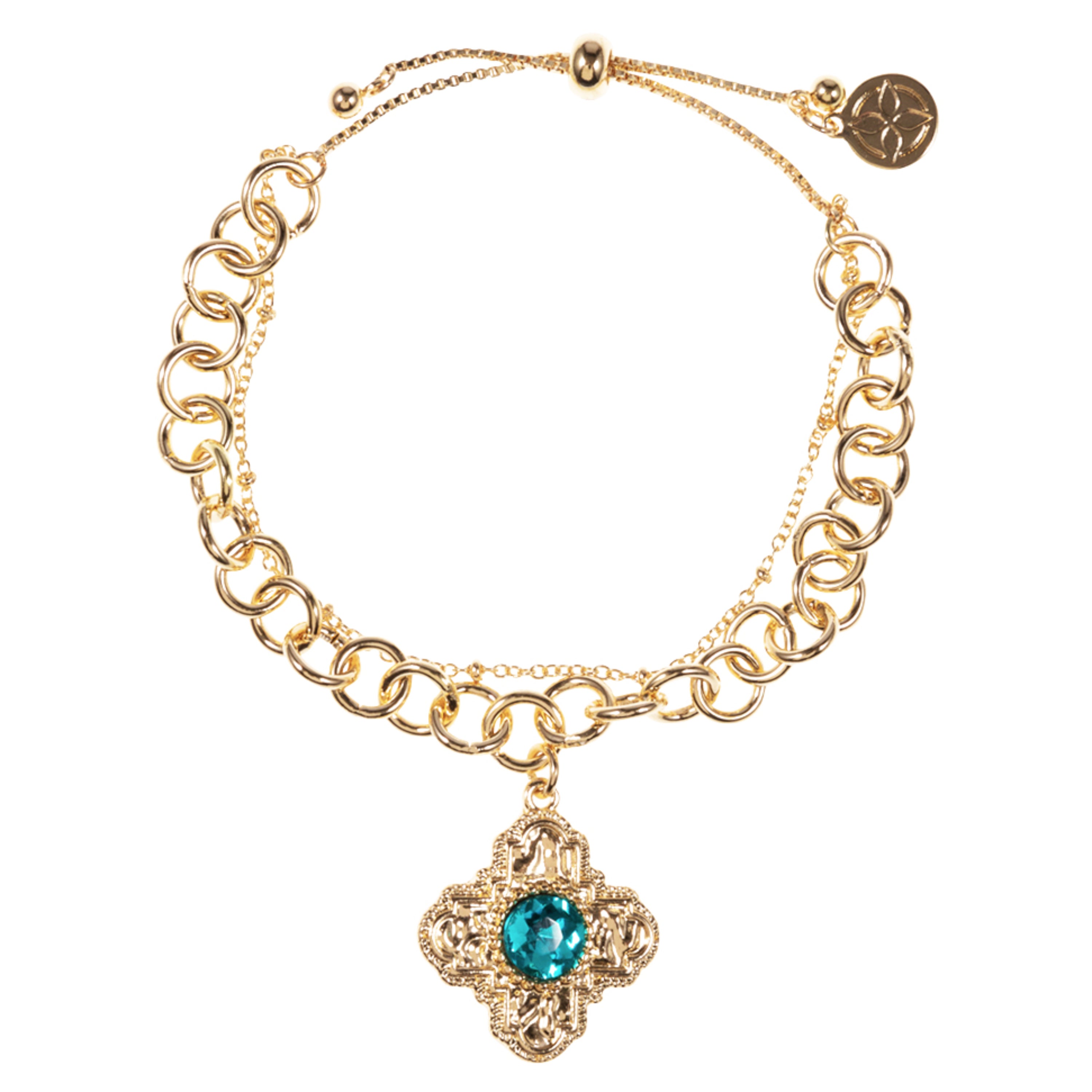 Gold Rounded Cross with Blue Crystal 2 Layer Round Cable, Dot Dot Chain Bracelet