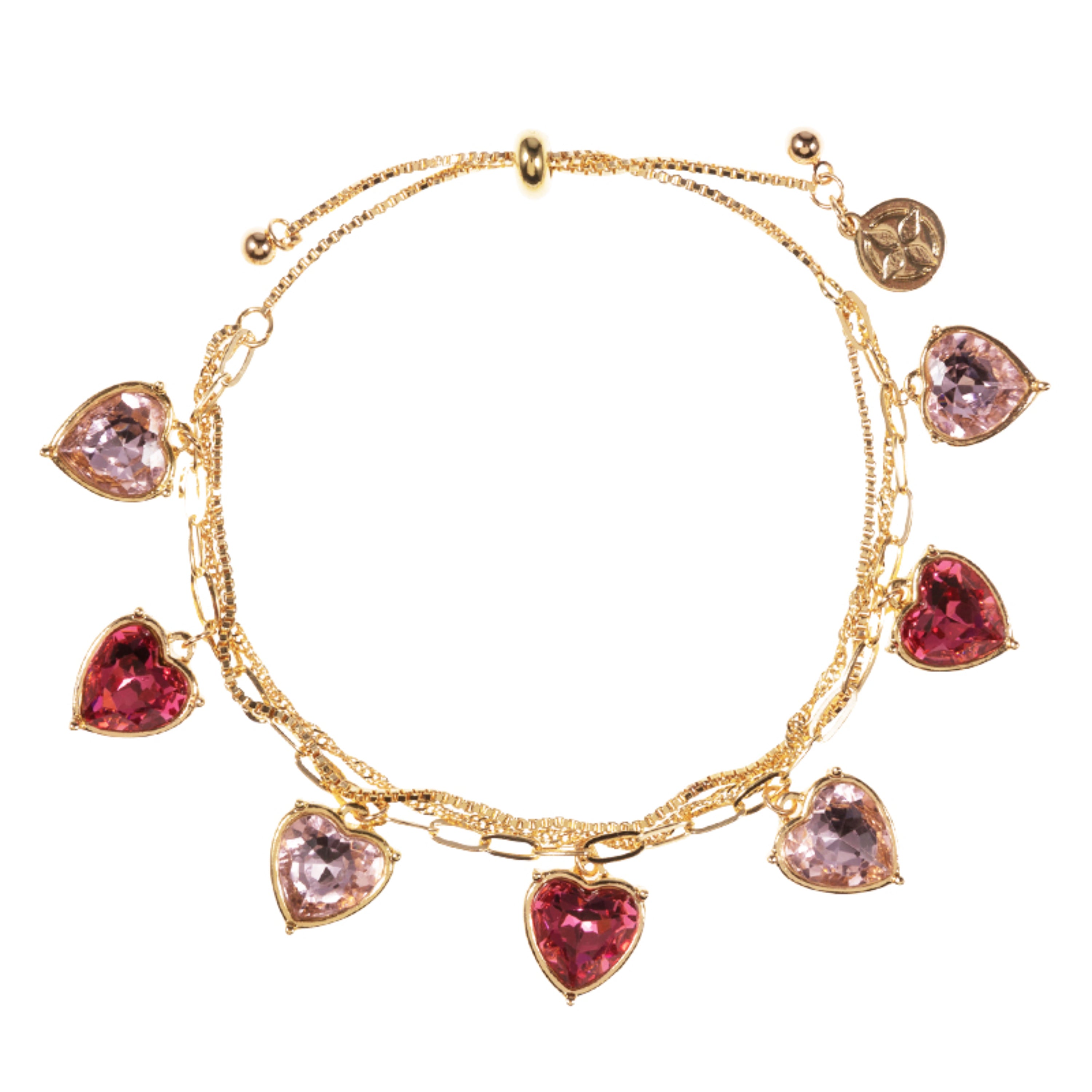 Gold Light PInk, Hot Pink Crystal Hearts 3 Layer Paper Clip, Box Chain Bracelet