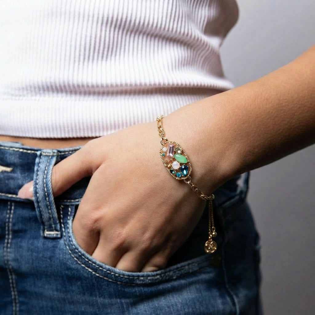 Gold Yellow, Blue, Pink, Green Crystal Cluster Curb Chain Bracelet