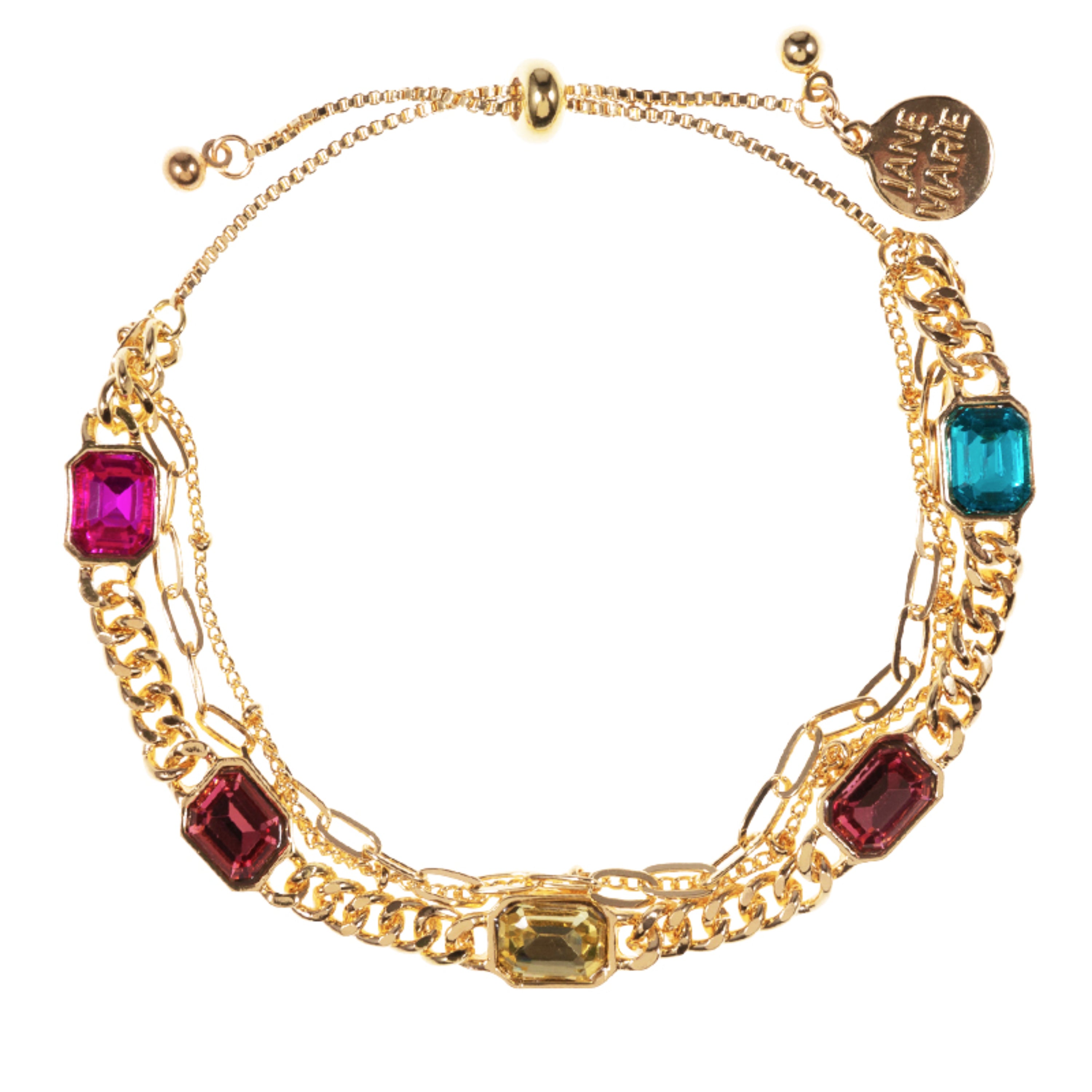 Gold Hot Pink, Blue, Yellow Crystals 3 Layer Paper Clip, Curb, Dot Dot Chain Bracelet