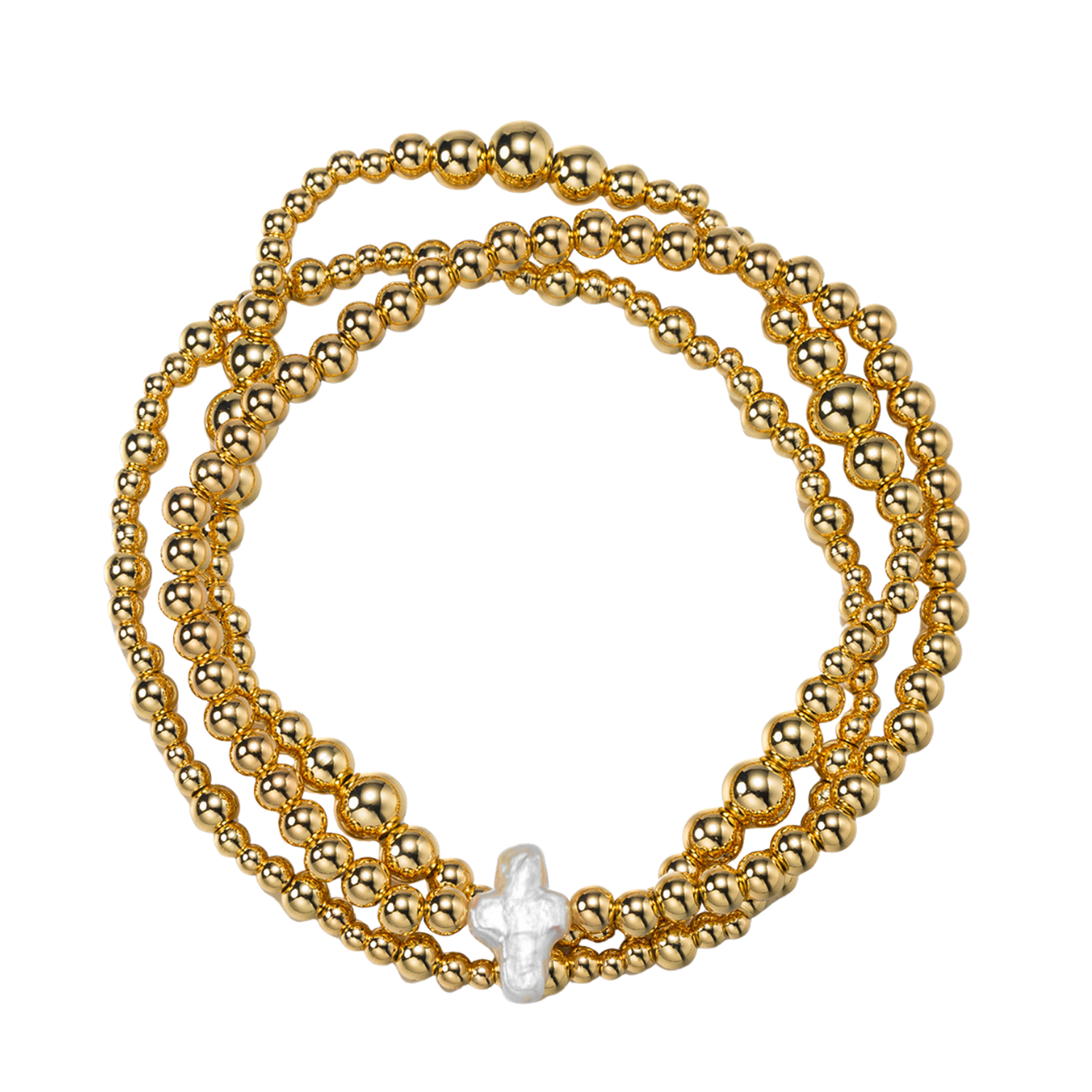 18k Gold Plated Set of 3 Gold Beaded Stretch Bracelets with Pearl Cross