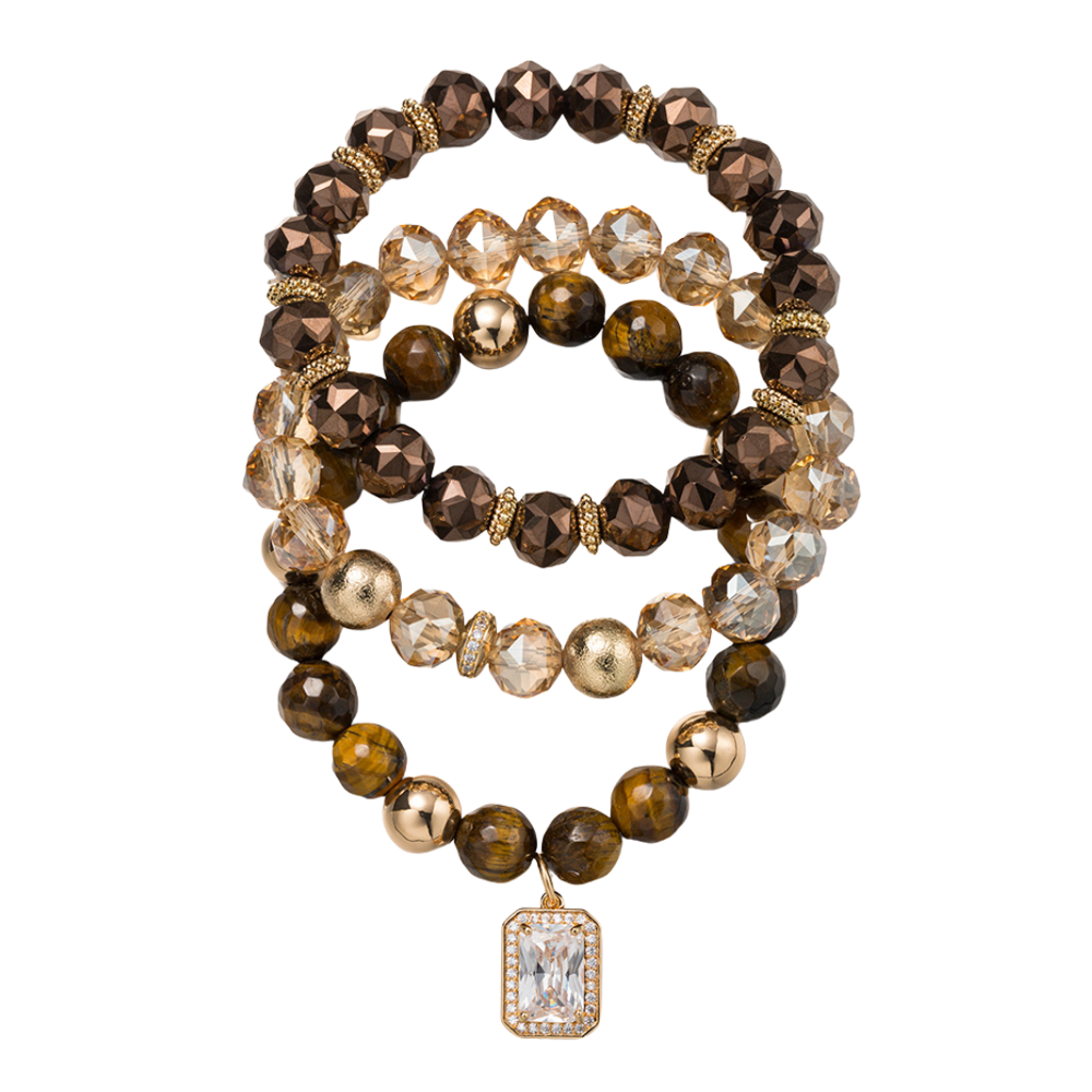 Set of 3 Agate, Faceted Beaded Bracelet with Clear Crystal Charm