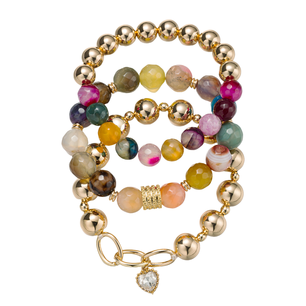 Set of 3 Agate Beaded Bracelet with Clear Crystal Heart Charm