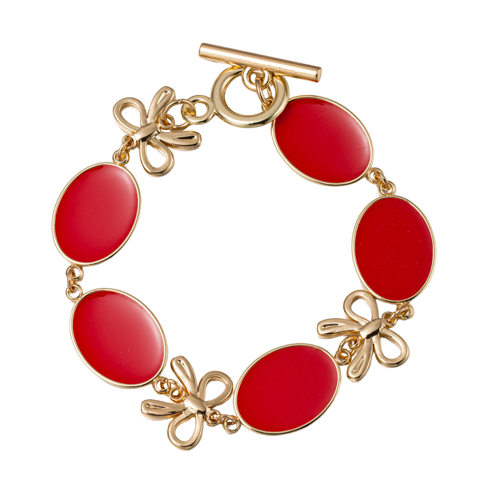 Red, Gold Linked Bows & Ovals Toggle Bracelet
