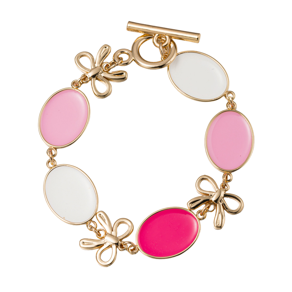 Hot Pink, Pink, White, Gold Linked Bows & Ovals Toggle Bracelet