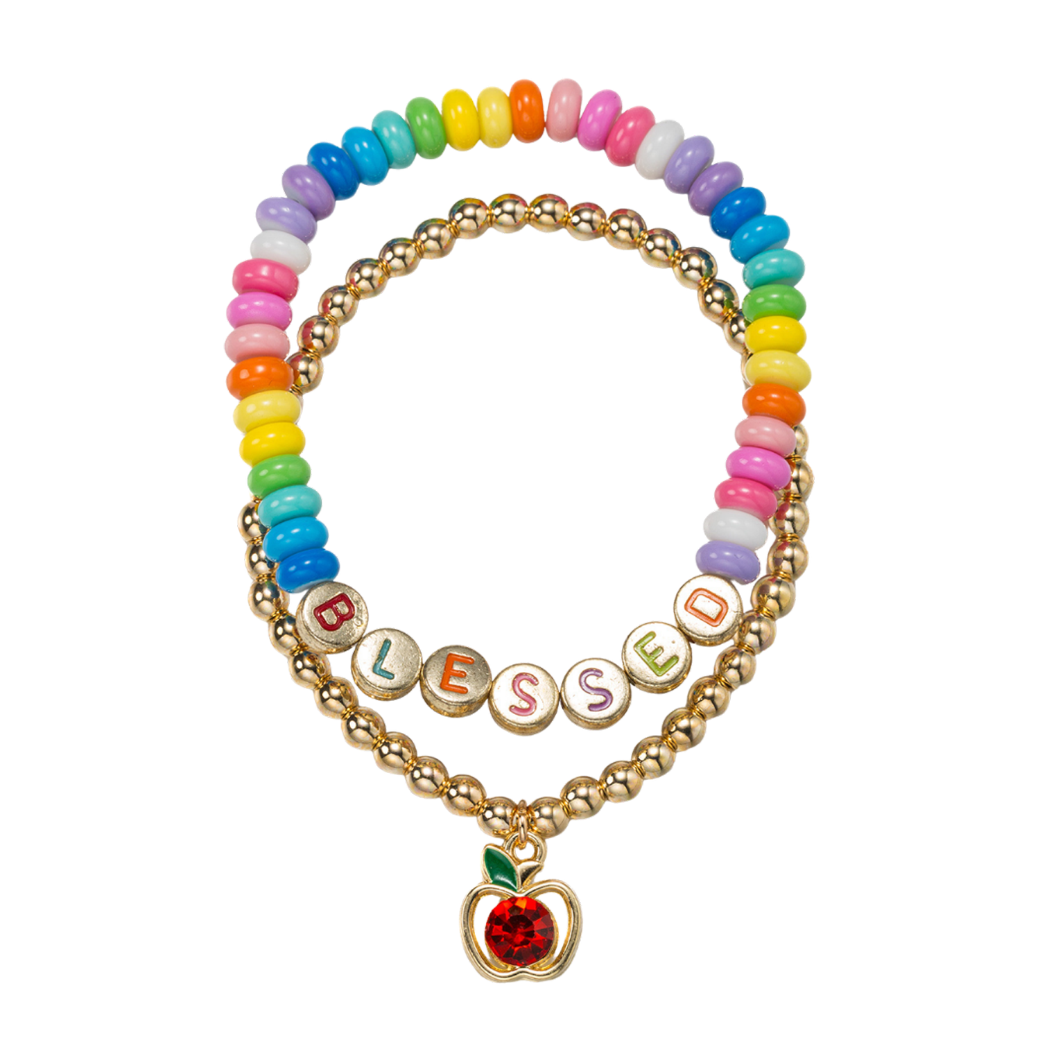 Set of 2 Beaded Stretch Bracelet with Red Apple, "Blessed"
