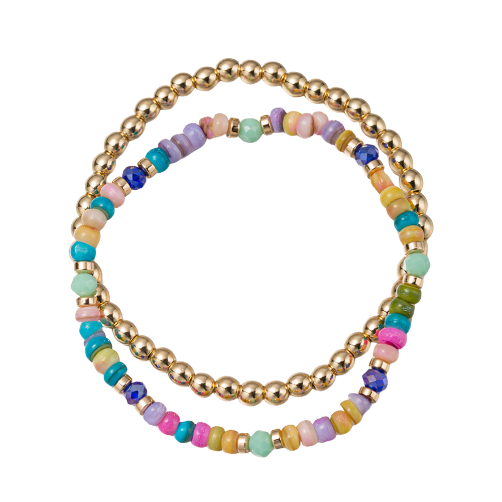 Kids Set of 2 Bold Multi Faceted Gemstone Beaded Strand with Gold Stretch Bracelet