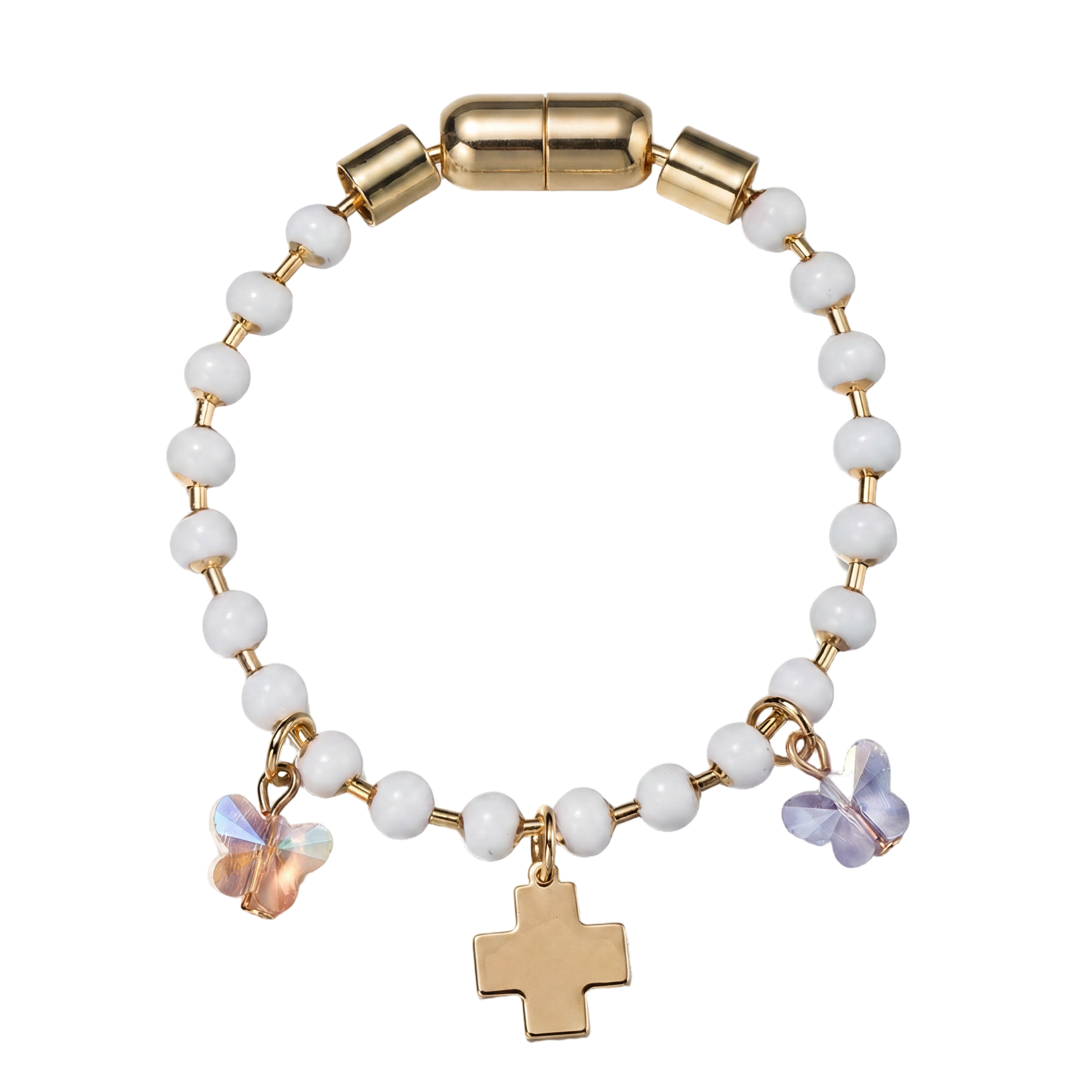 Kids White Ball Beaded Bracelet with Butterflies & Cross Charms