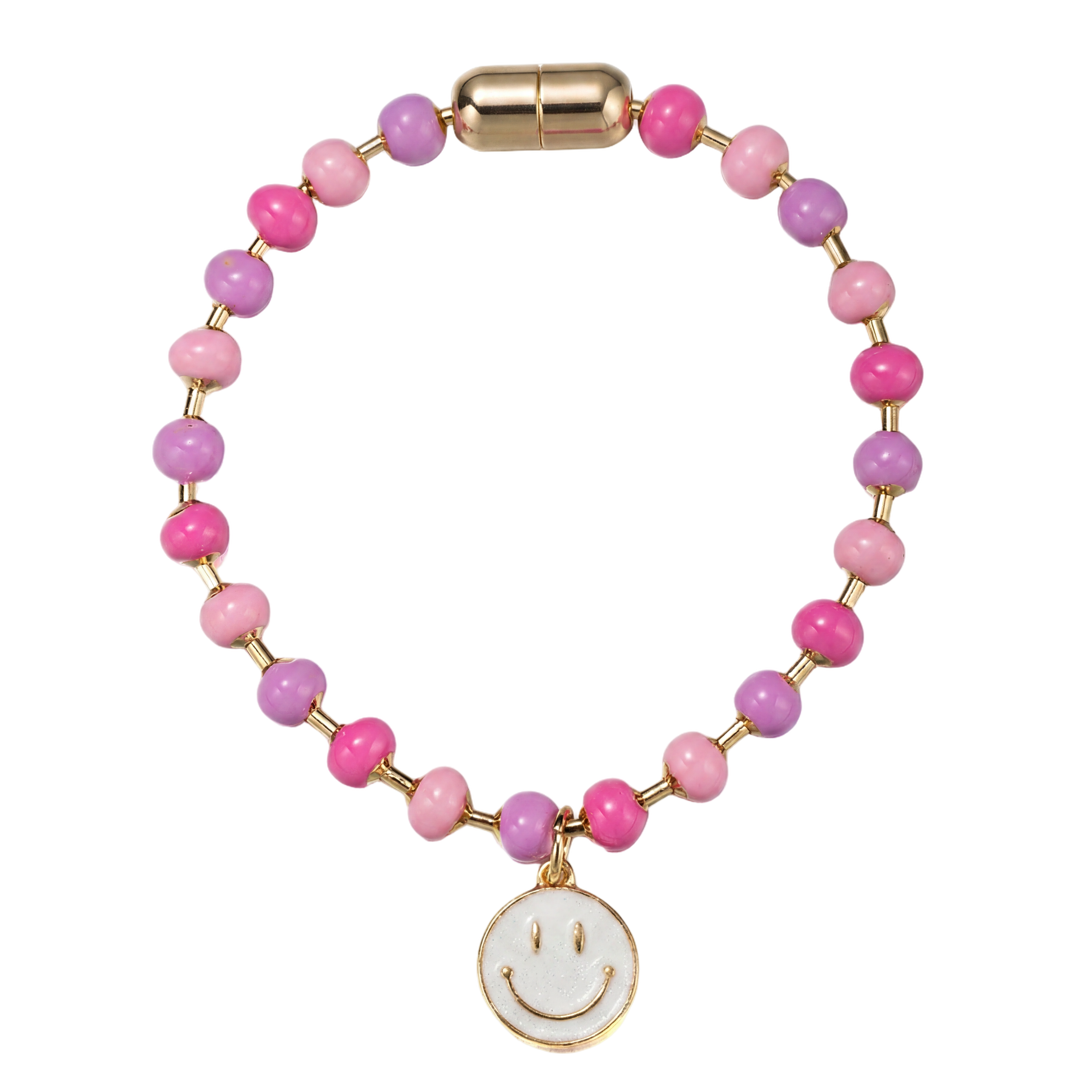Kids Pink, Purple, Hot Pink Ball Beaded Bracelet with White Happy Face Charm