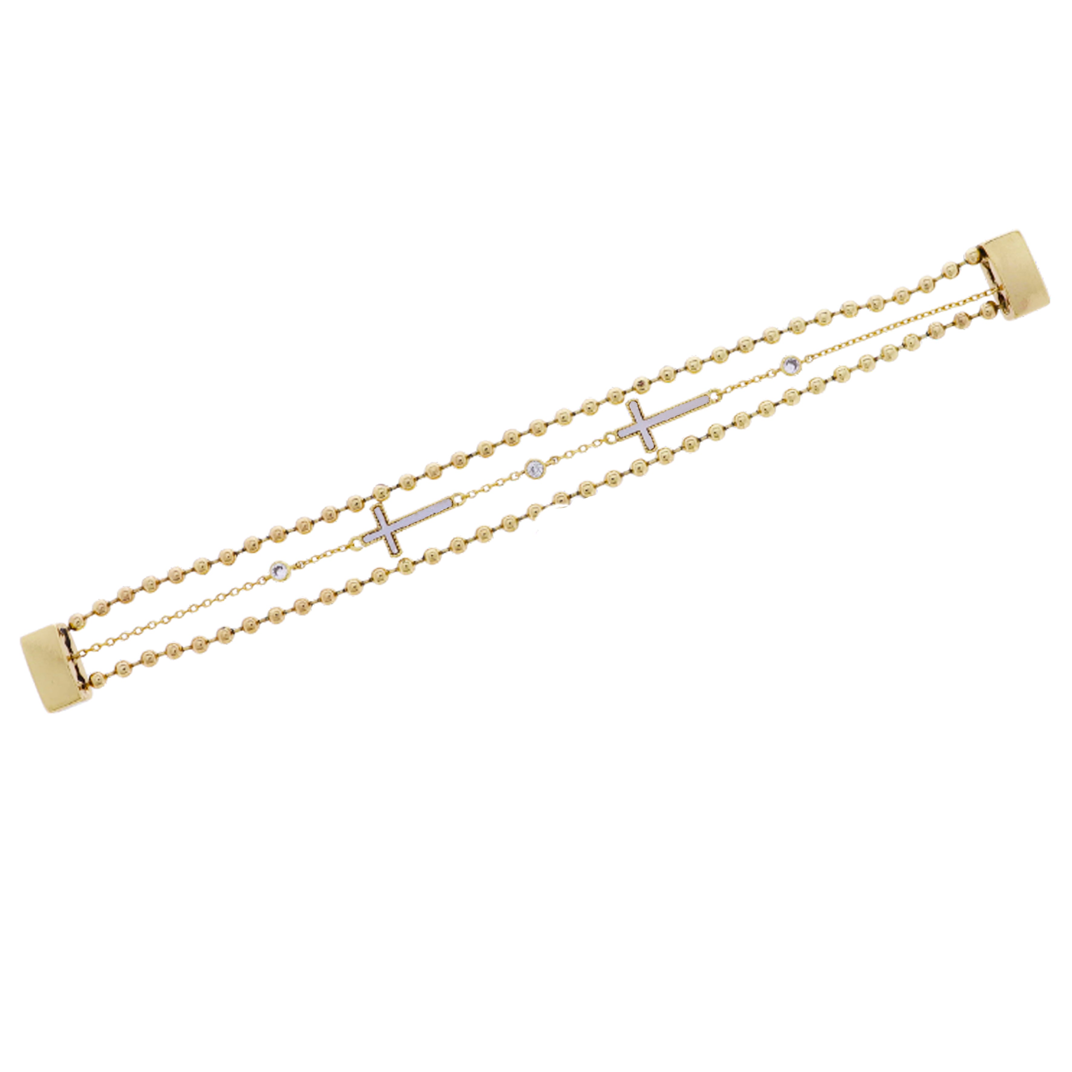 18k Gold Plated 3 Strand Gold Ball & Link Chain Magnetic Bracelet with Crosses & Crystals