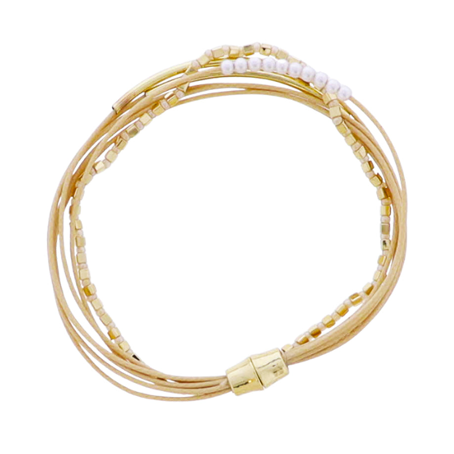 Light Brown Waxed Rope Multi Strand, Gold Accent Strand Bracelet with White Pearl Accents