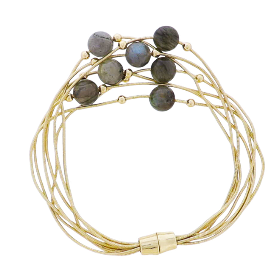 Gold Snake Rope Chain Multi Strand Bracelet with Labrodite Stone Accents