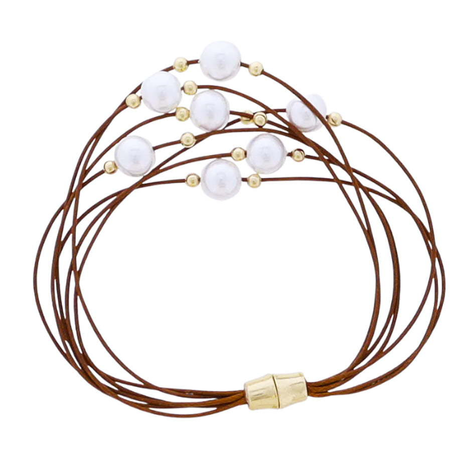 Brown Waxed Rope Multi Strand Bracelet with Pearl, Gold Ball Accents