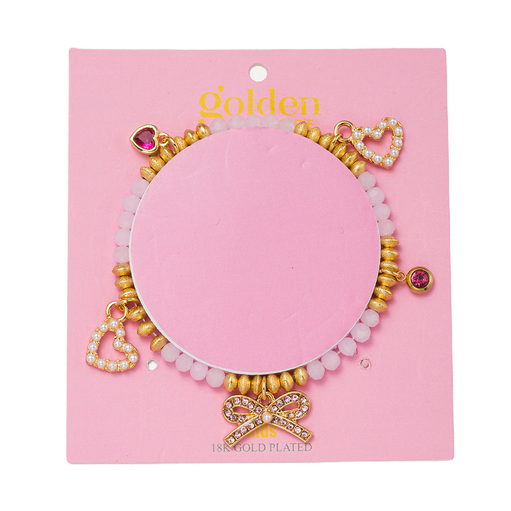 Kids 18k Gold Plated Beaded Pearl Heart, Pink Crystal Bow Charms Stretch Bracelet