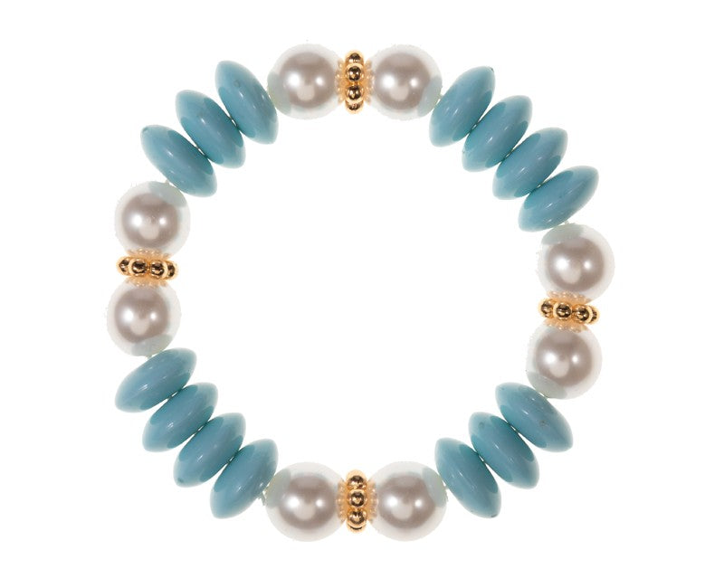 Baby Blue, Pearl, Gold Rondelle Beaded Stretch Bracelet