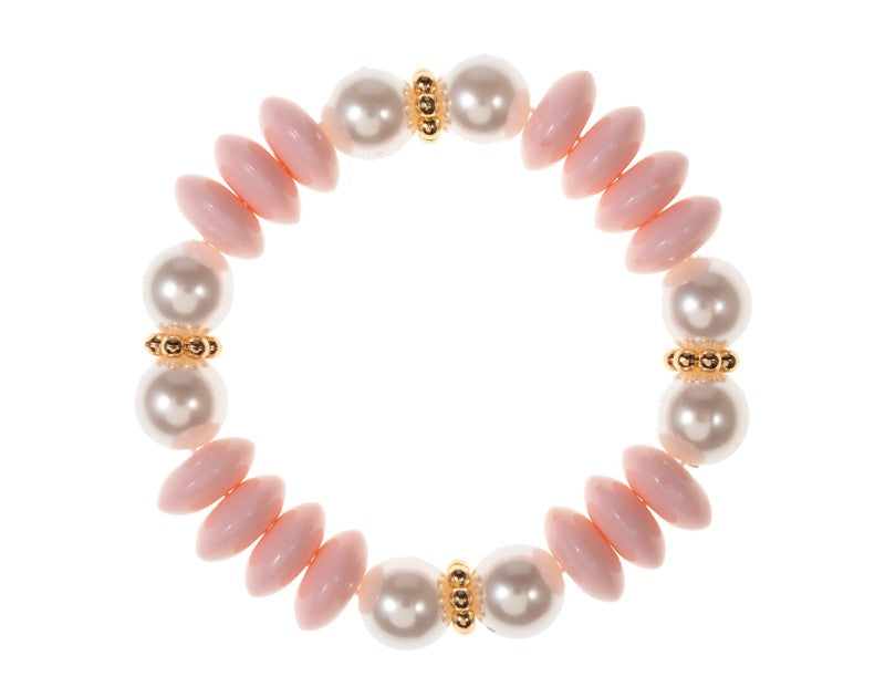 Pink, Pearl, Gold Rondelle Beaded Stretch Bracelet