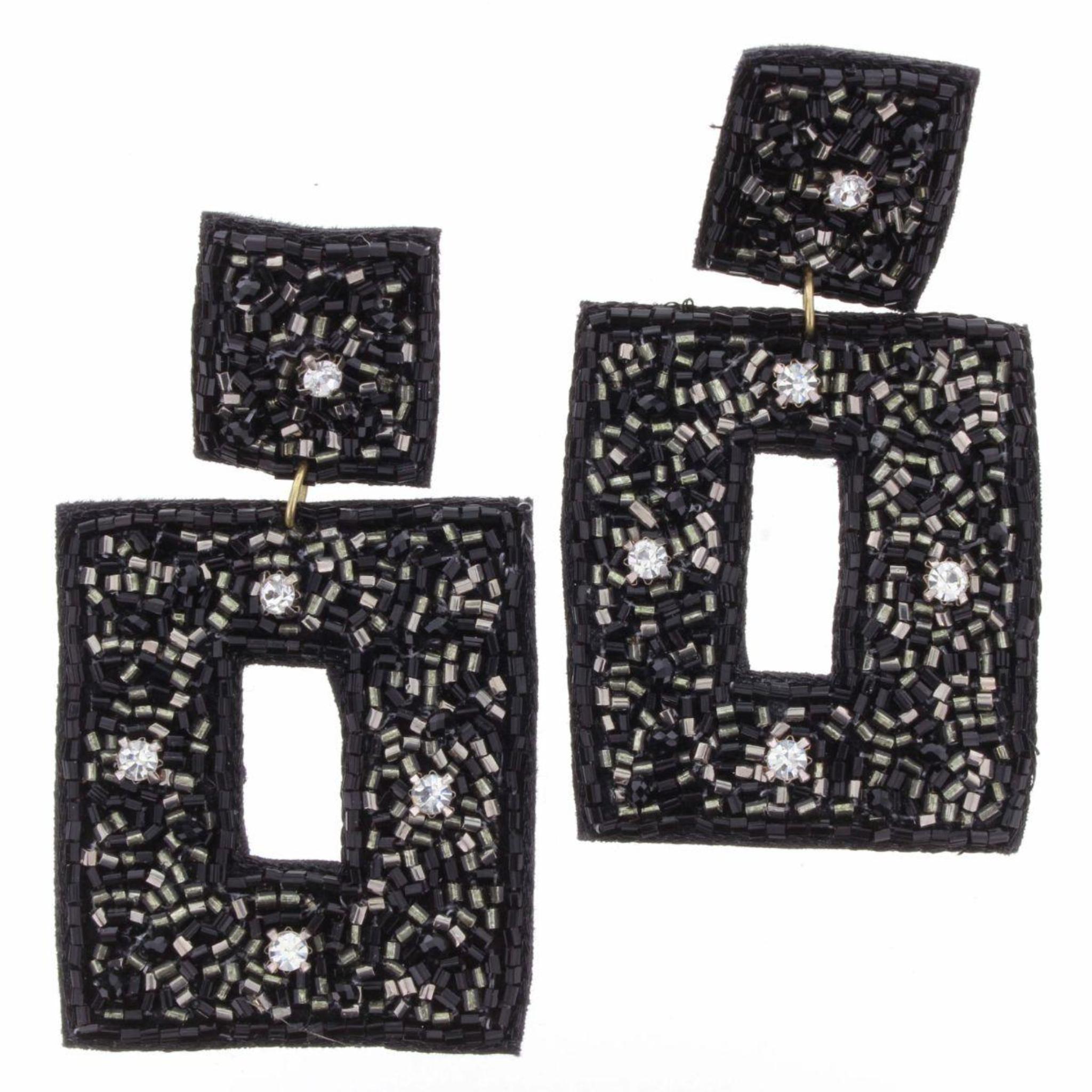 Black and Silver Beaded with Clear Rhinestones Open Square Earrings