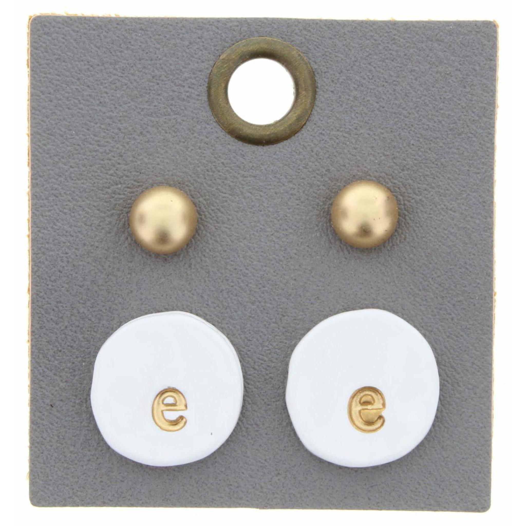 Gold Studs & White Stamped Initial "E" Disk Earring