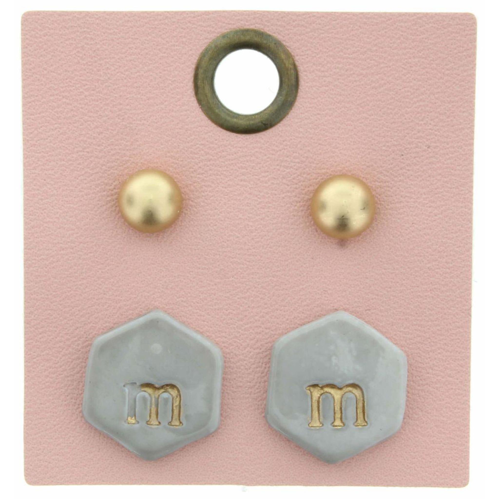 Gold Studs & Grey Stamped Initial "M" Hexagon Earring