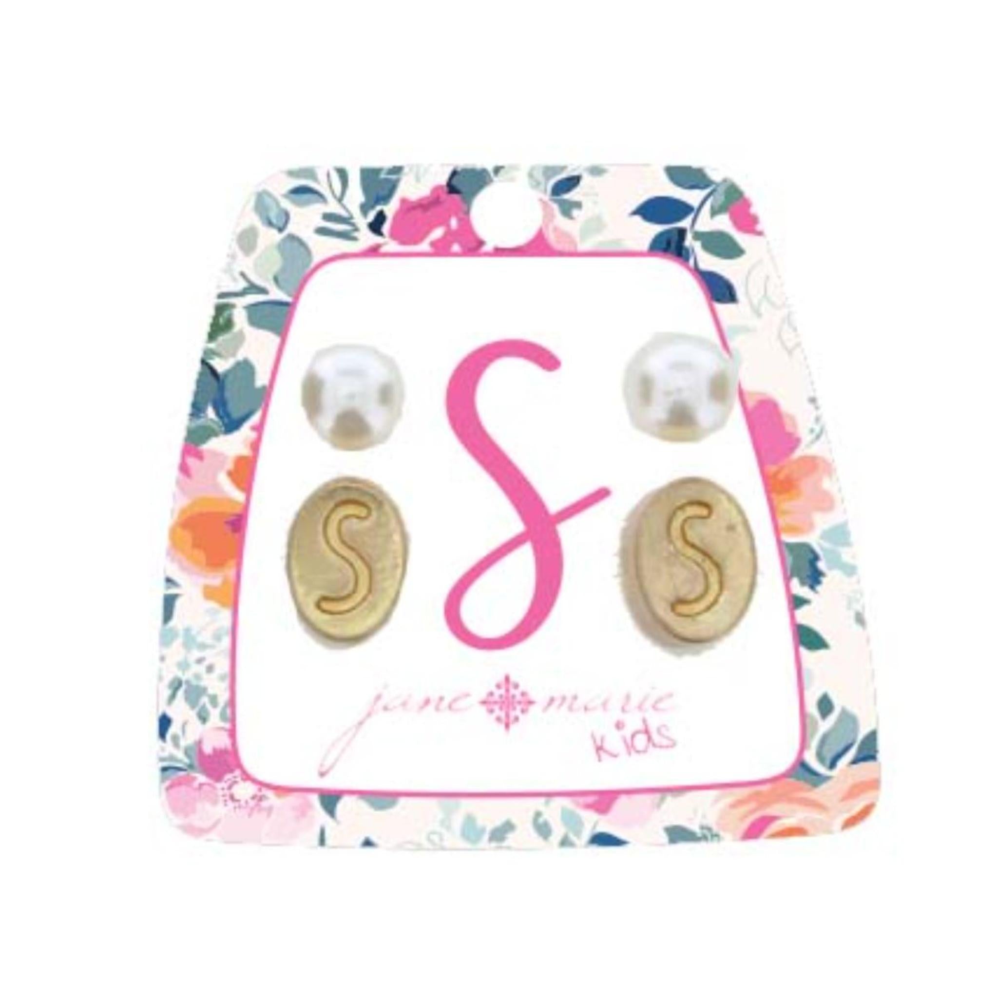 Kids Gold "S" Initial with Pearl Stud Earring