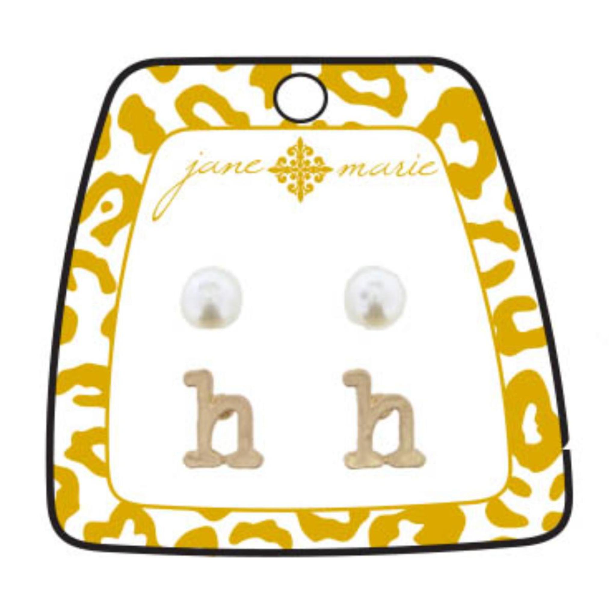 Gold "H" Block Initial with Pearl Stud Earring