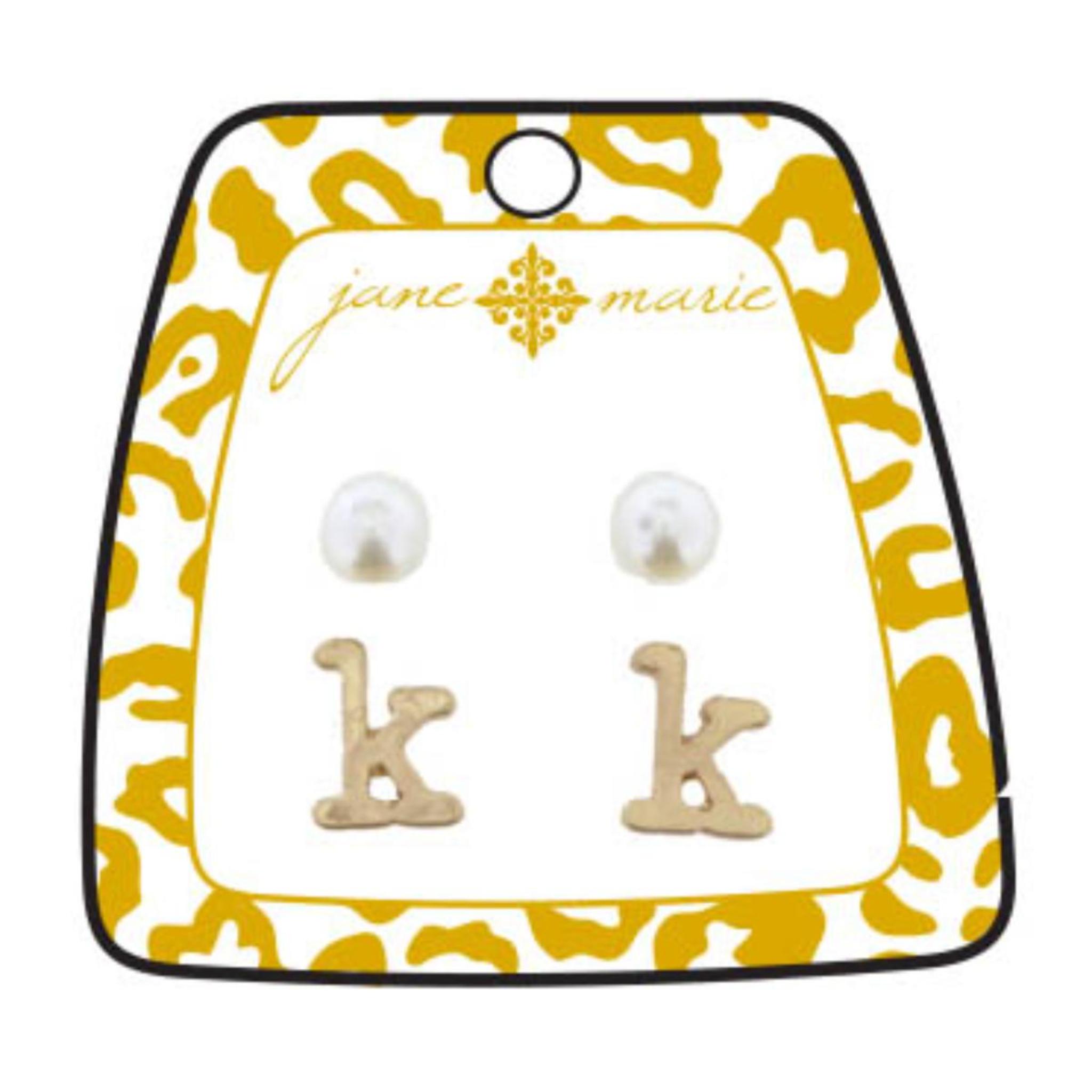 Gold "K" Block Initial with Pearl Stud Earring