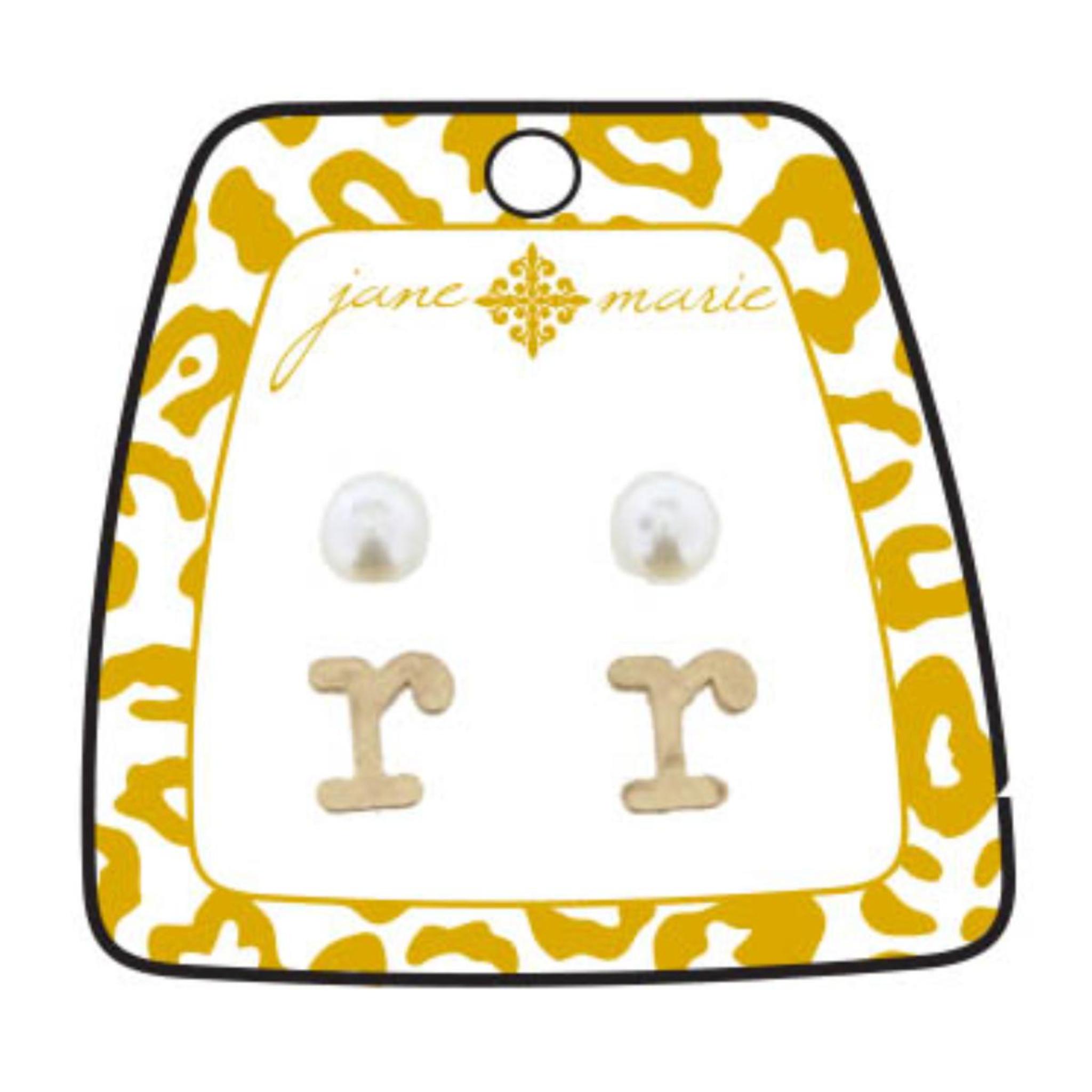 Gold "R" Block Initial with Pearl Stud Earring