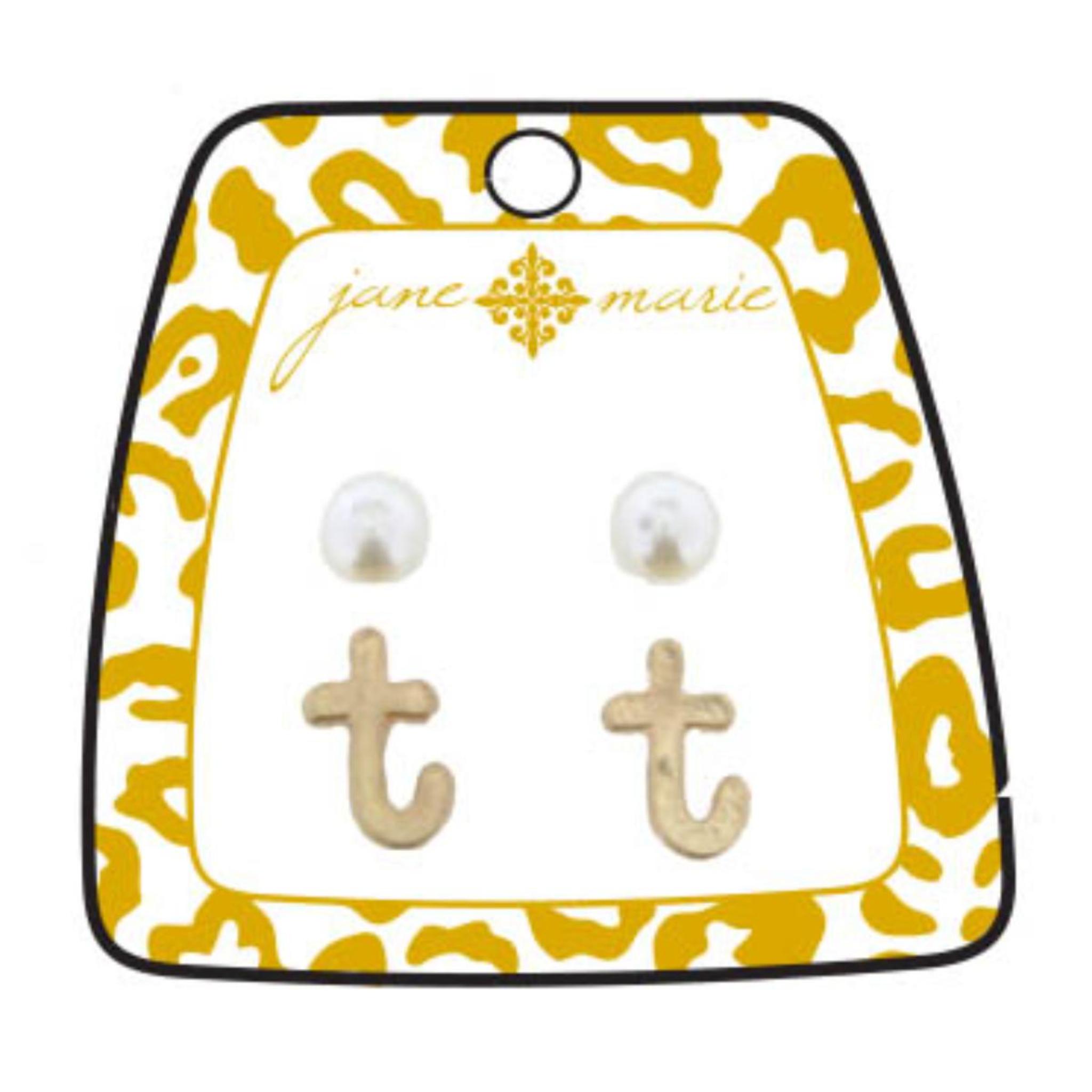 Gold "T" Block Initial with Pearl Stud Earring