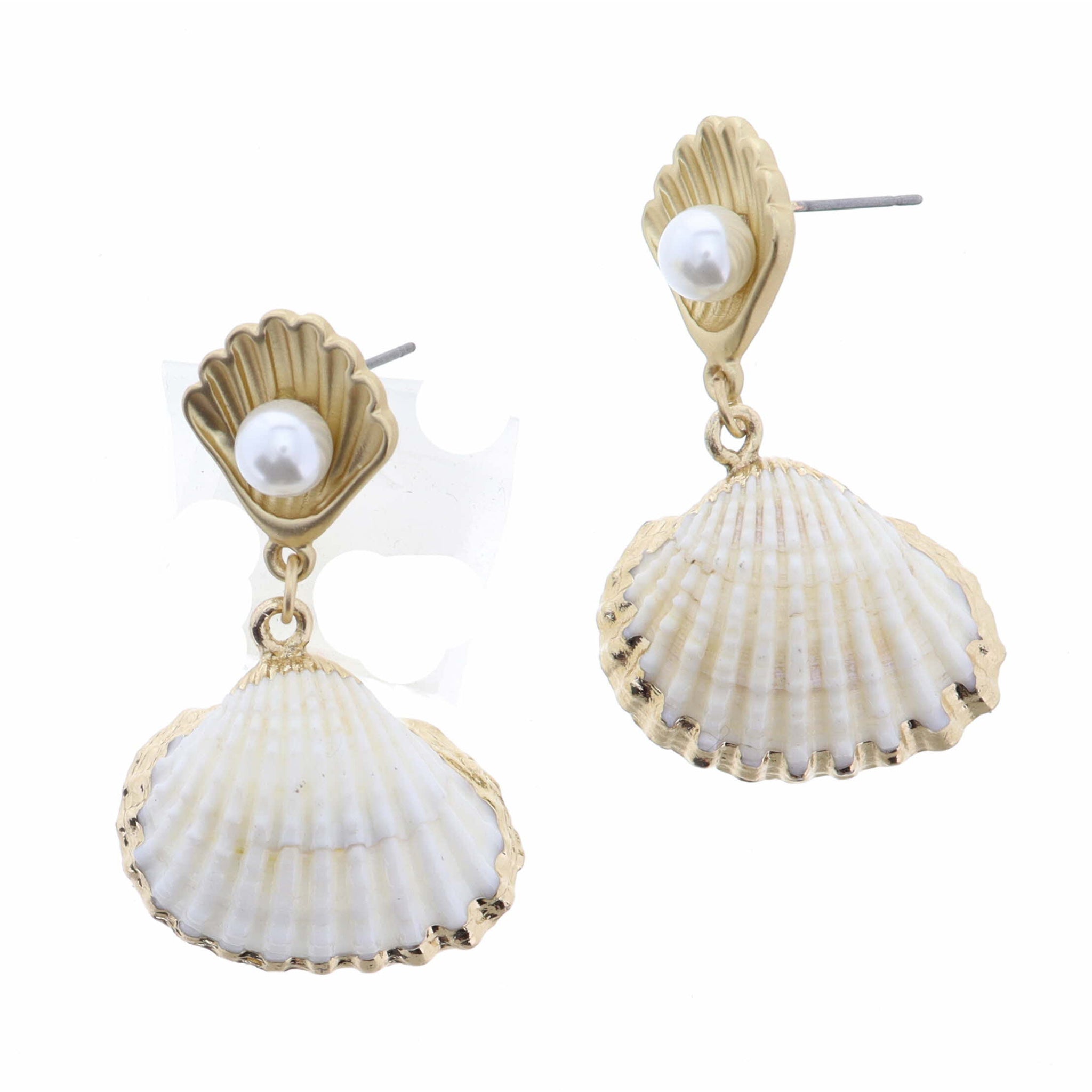 Shell with Pearl Post, Shell with Gold Trim Drop Earring