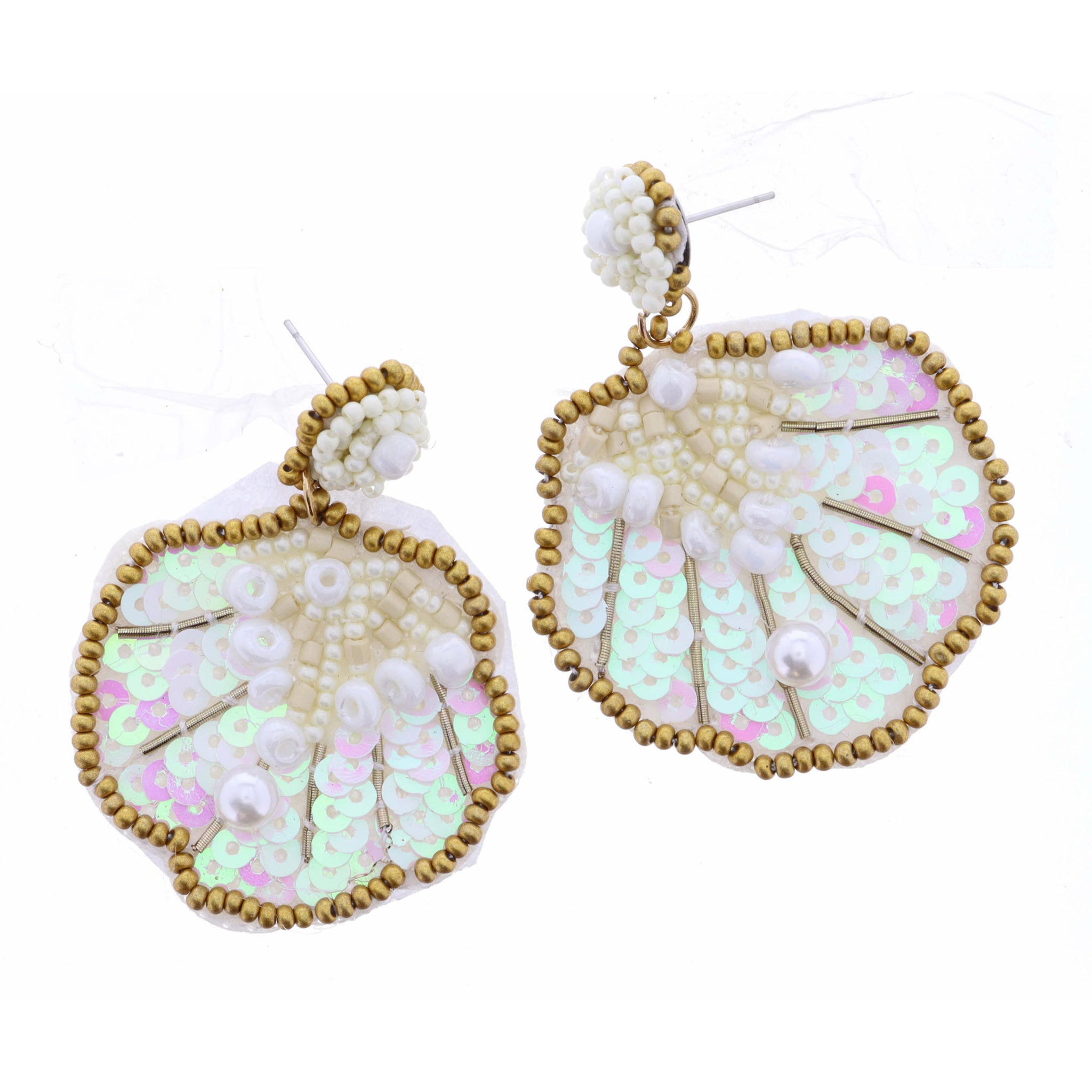 White Seed Bead and AB Sequin Clam Shell Earring