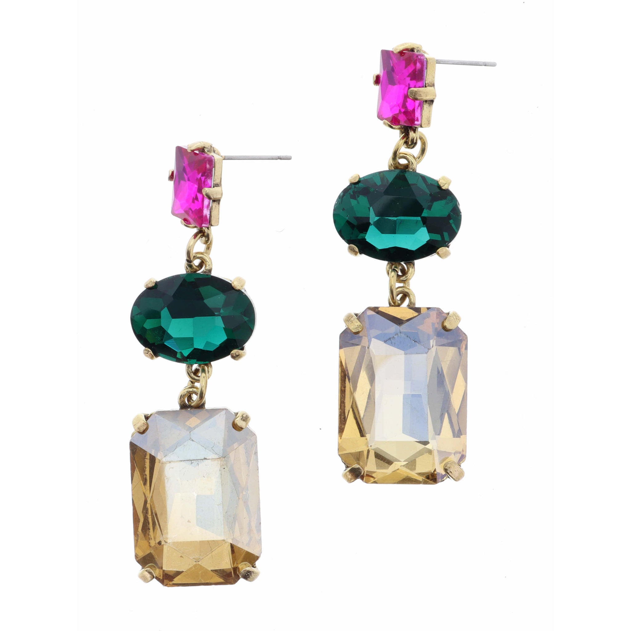 Hot Pink Square, Emerald Oval, Champagne Rectangle Crystals Earring