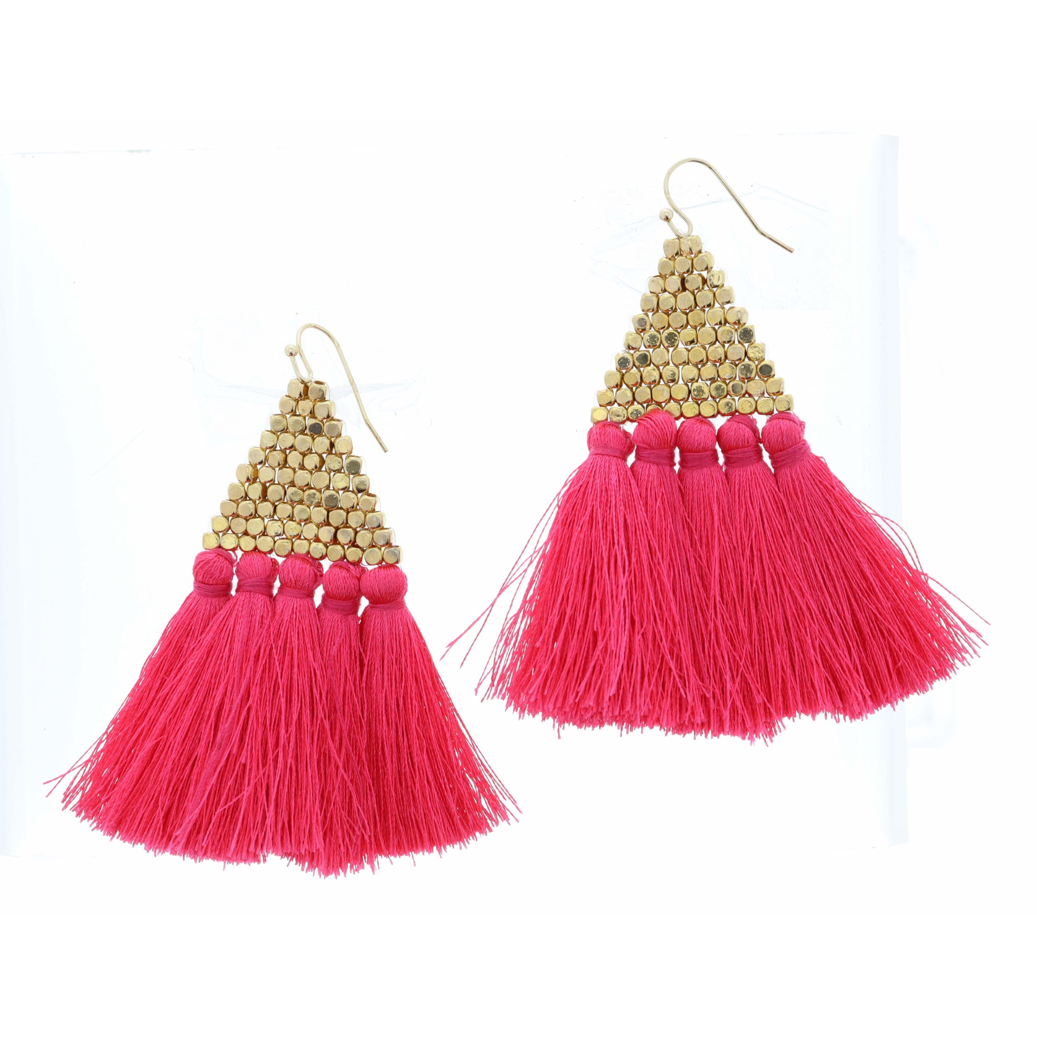 Gold Beaded Triangle with Pink Tassels Earring