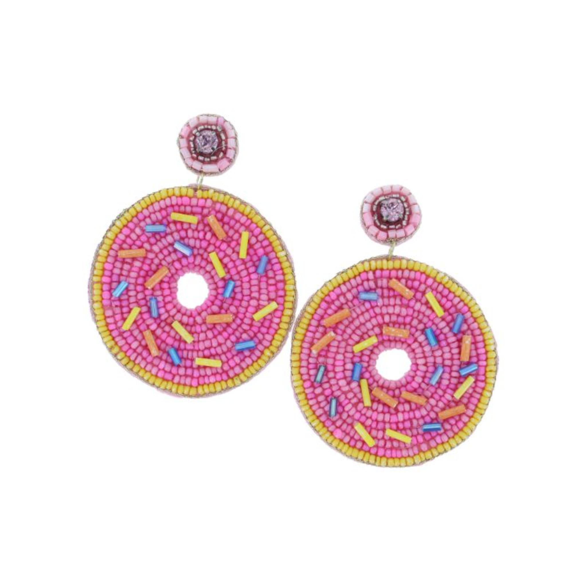 Pink Crystal Post with Pink Seed Bead Donut with Sprinkles Earrings