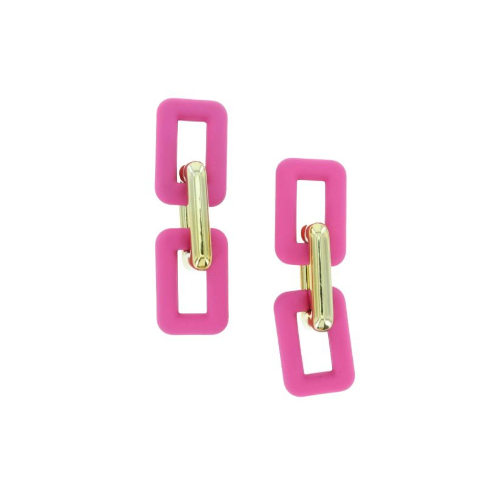 Chunky Hot Pink and Gold Rectangle Links Earrings