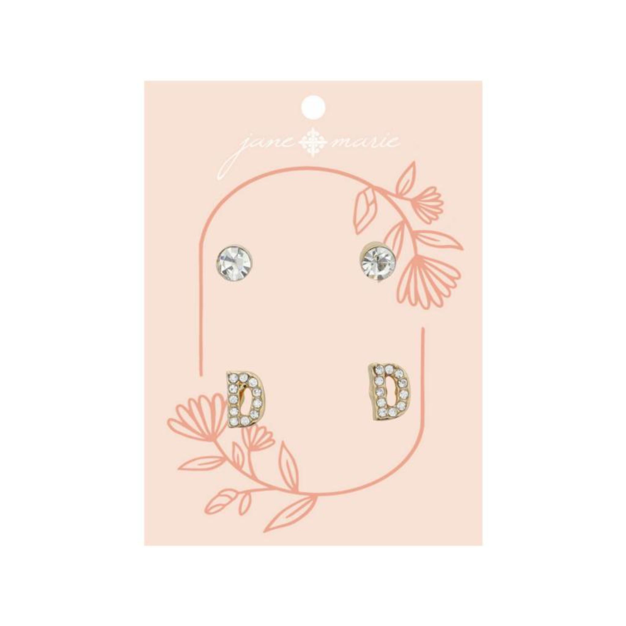 2 Stud Set, Clear Crystal, Mini Clear Crystal "D" Inital Earrings