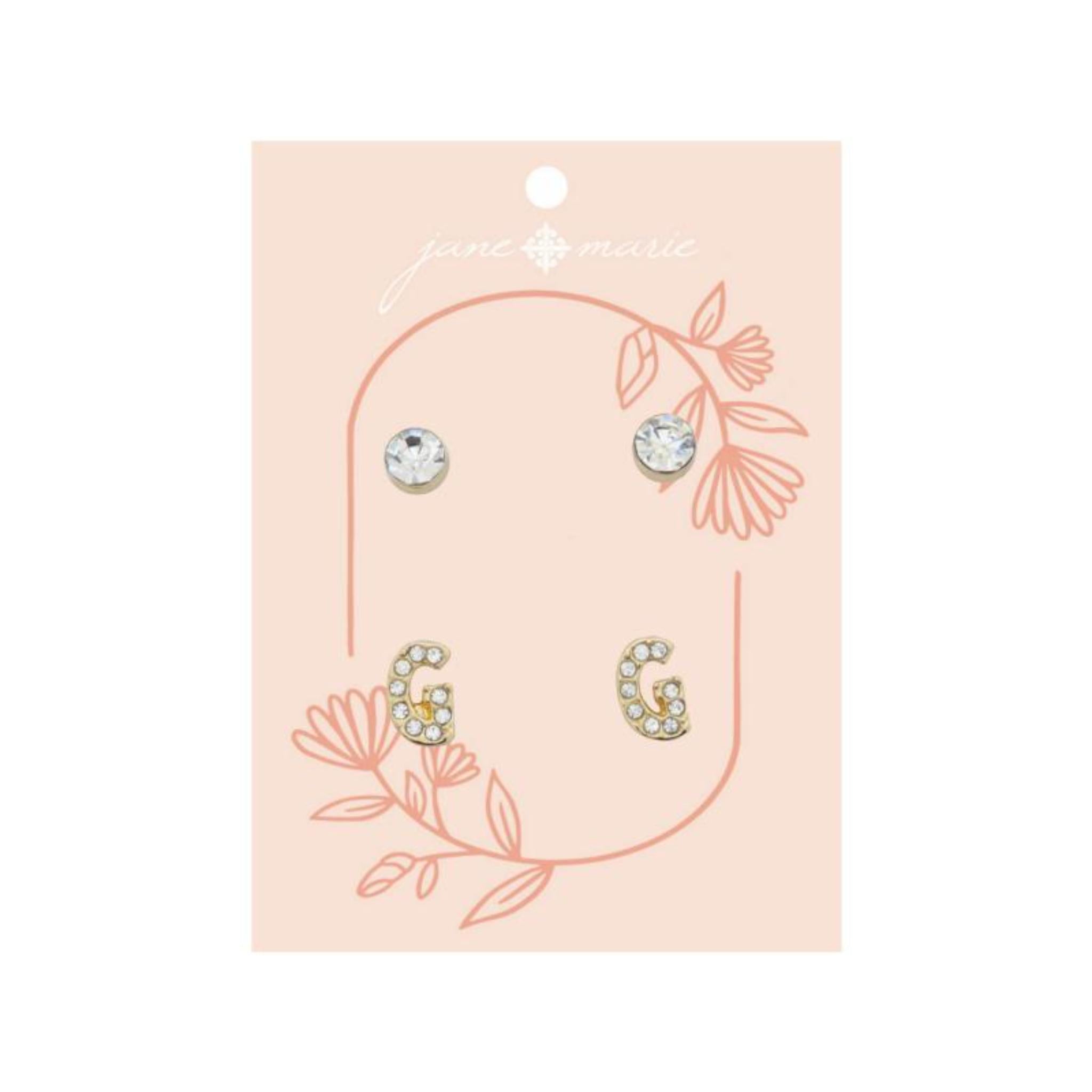 2 Stud Set, Clear Crystal, Mini Clear Crystal "G" Inital Earrings