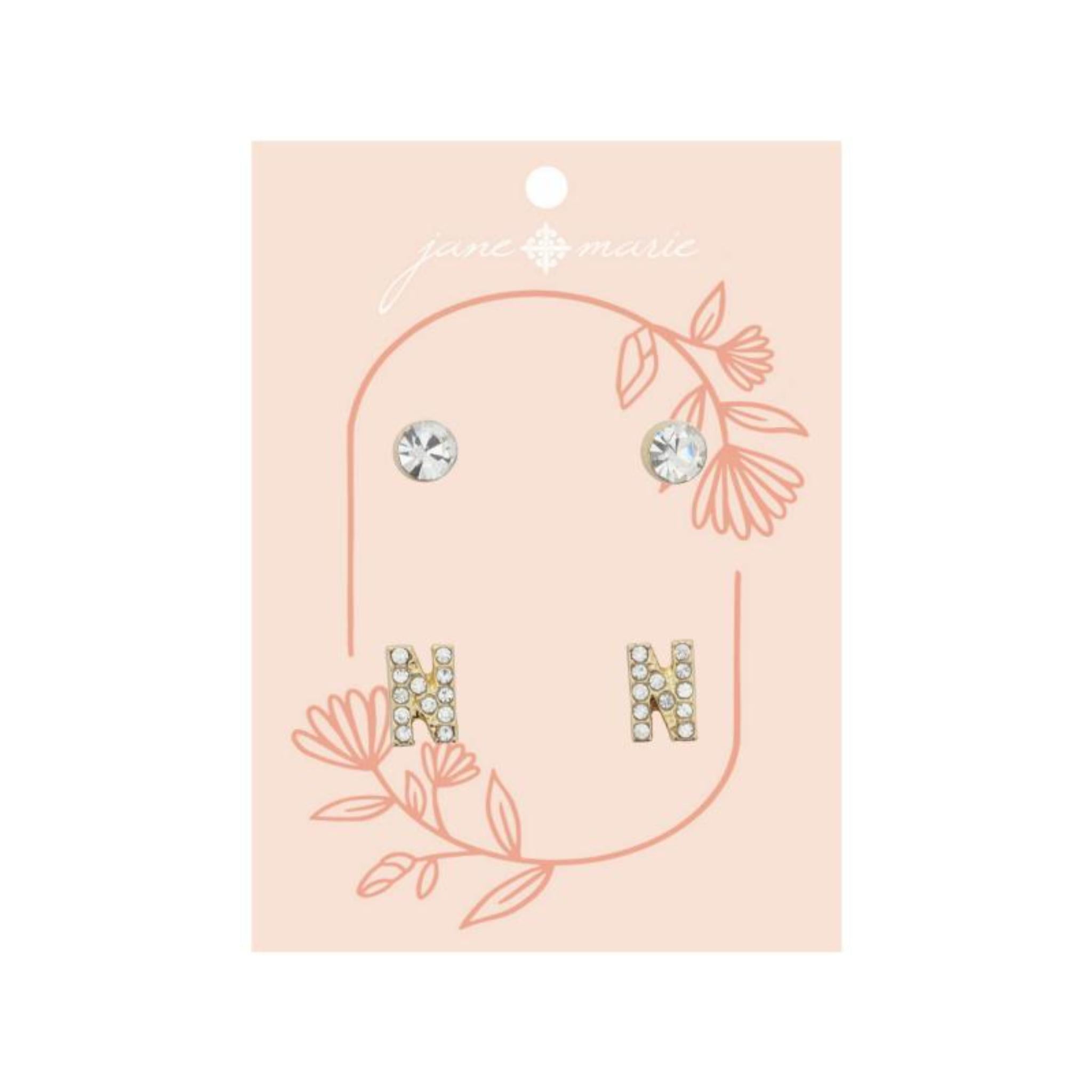 2 Stud Set, Clear Crystal, Mini Clear Crystal "N" Inital Earrings