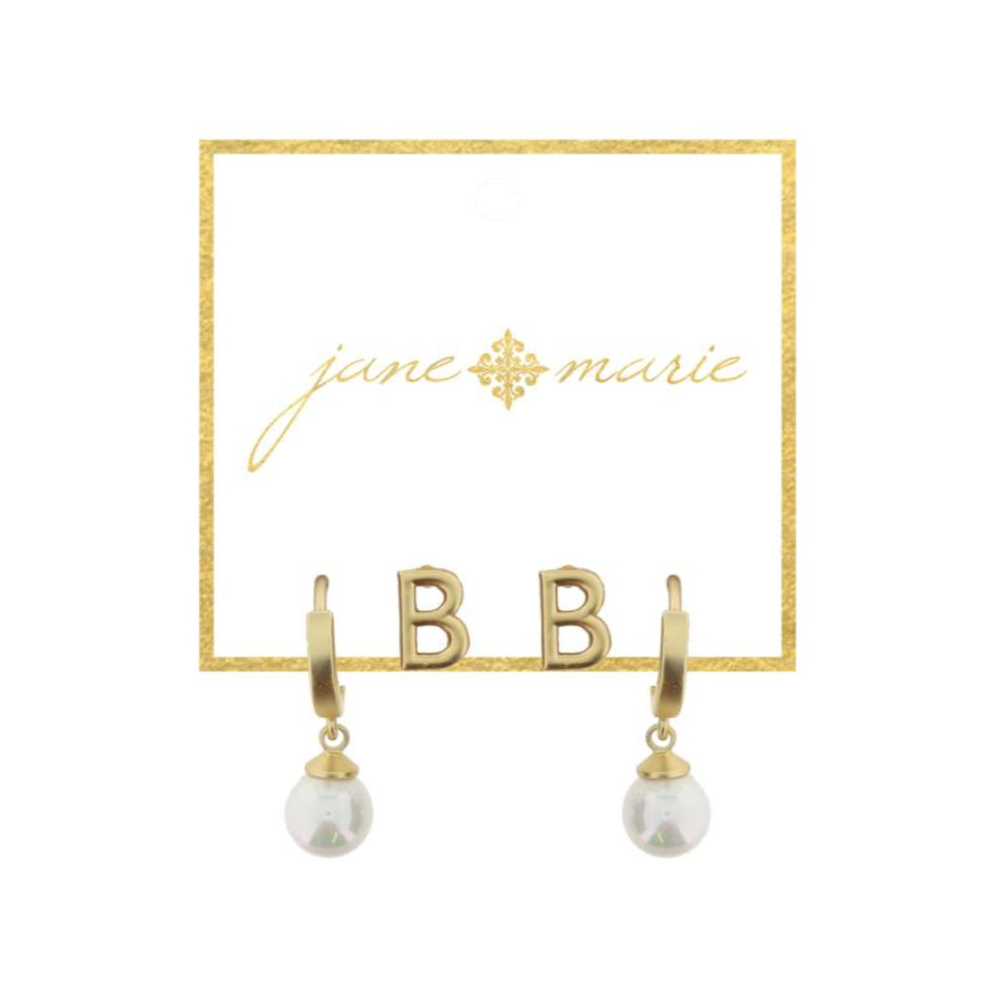 Set of 2, Gold "B" Initial Stud, Gold Huggie with Pearl Dangle Earrings