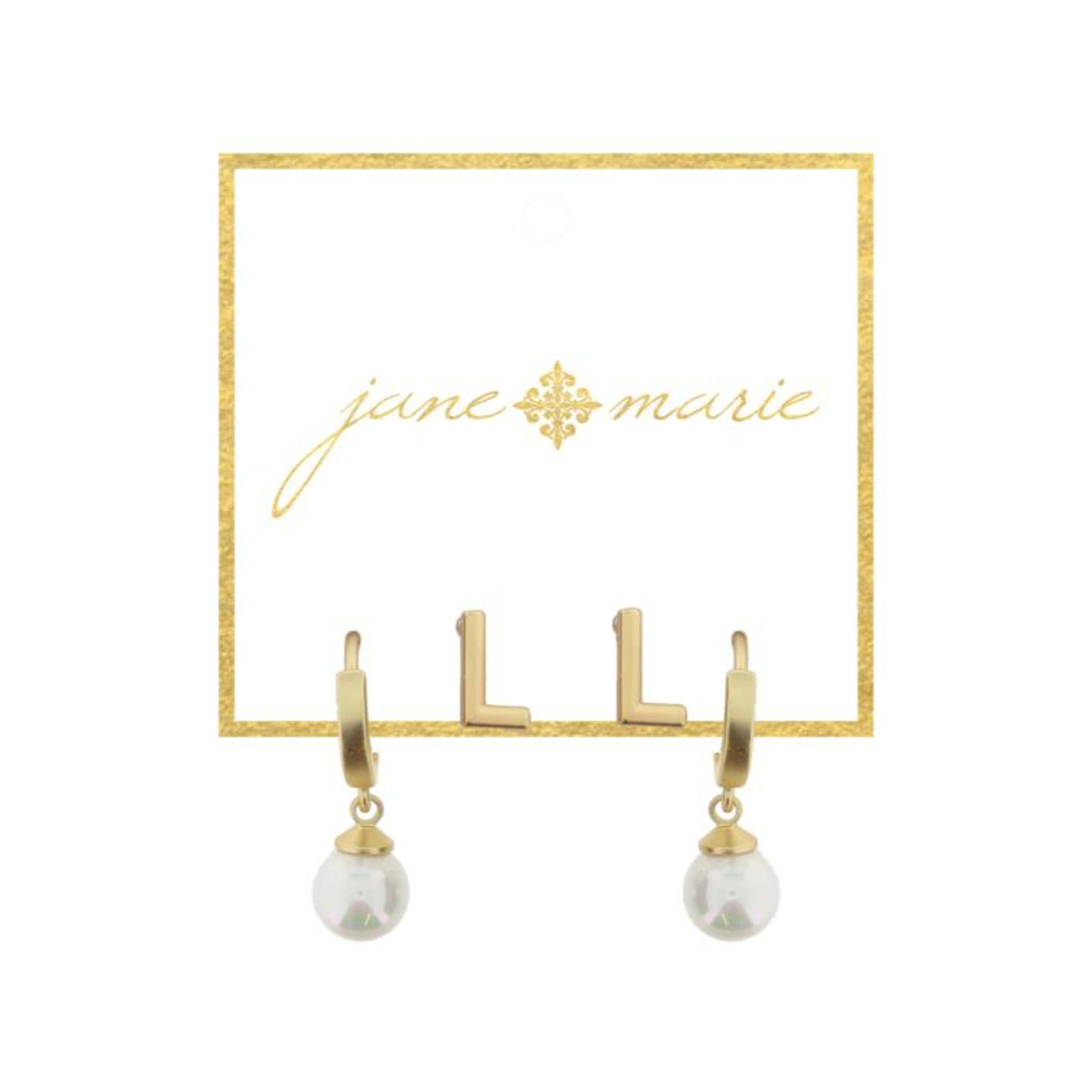 Set of 2, Gold "L" Initial Stud, Gold Huggie with Pearl Dangle Earrings