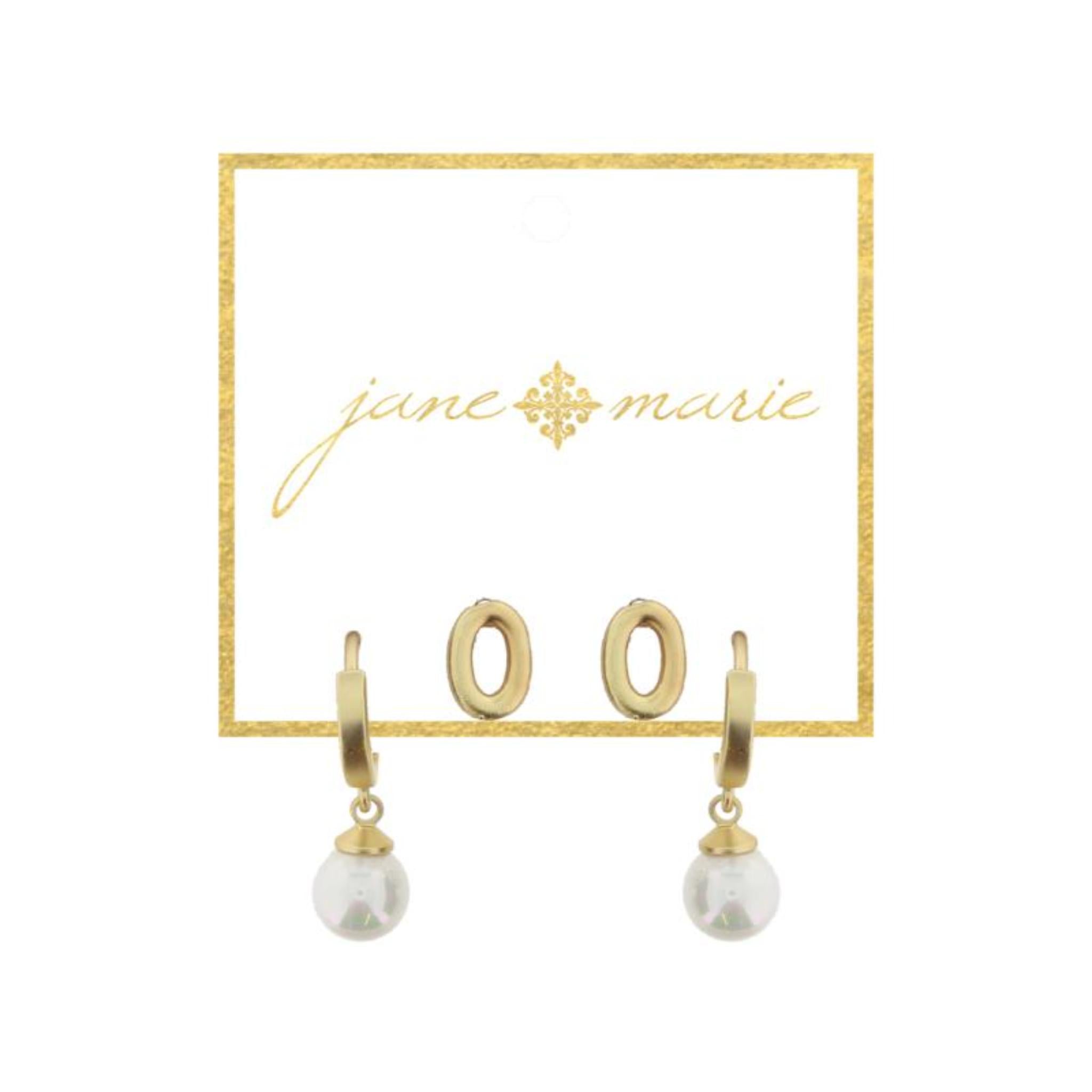 Set of 2, Gold "O" Initial Stud, Gold Huggie with Pearl Dangle Earrings