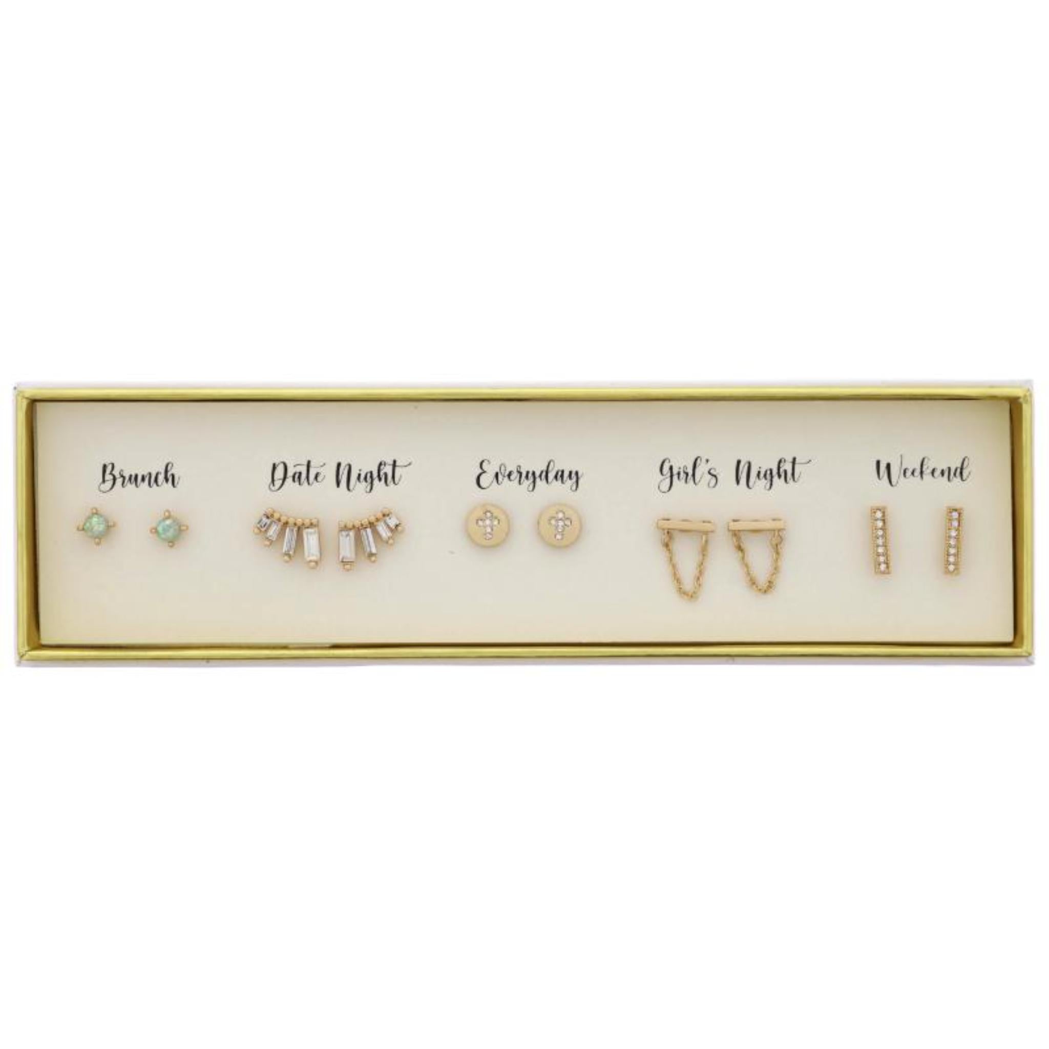 Boxed 6 Earring Set, Blue Opal, Stud with Crystals Crawler, Cross Disc, Bar with Chain Dangle, Bar