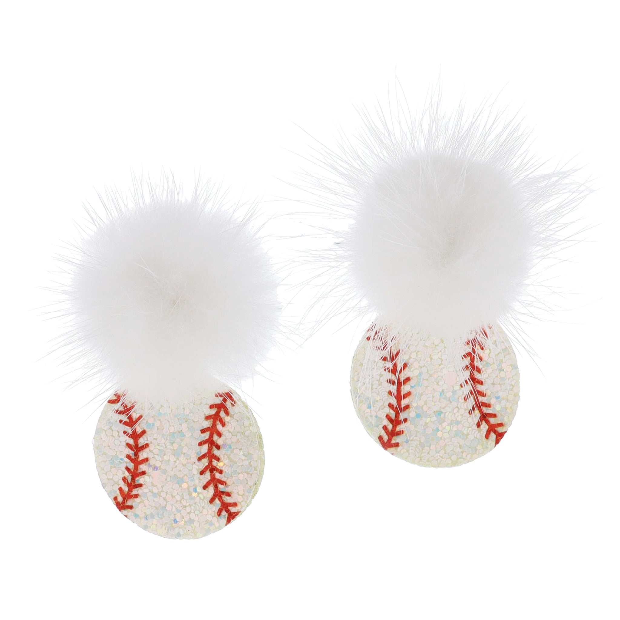 Fluffy White Pom Post with Iridescent Glitter Baseball Earrings, 2.25" Top to Bottom