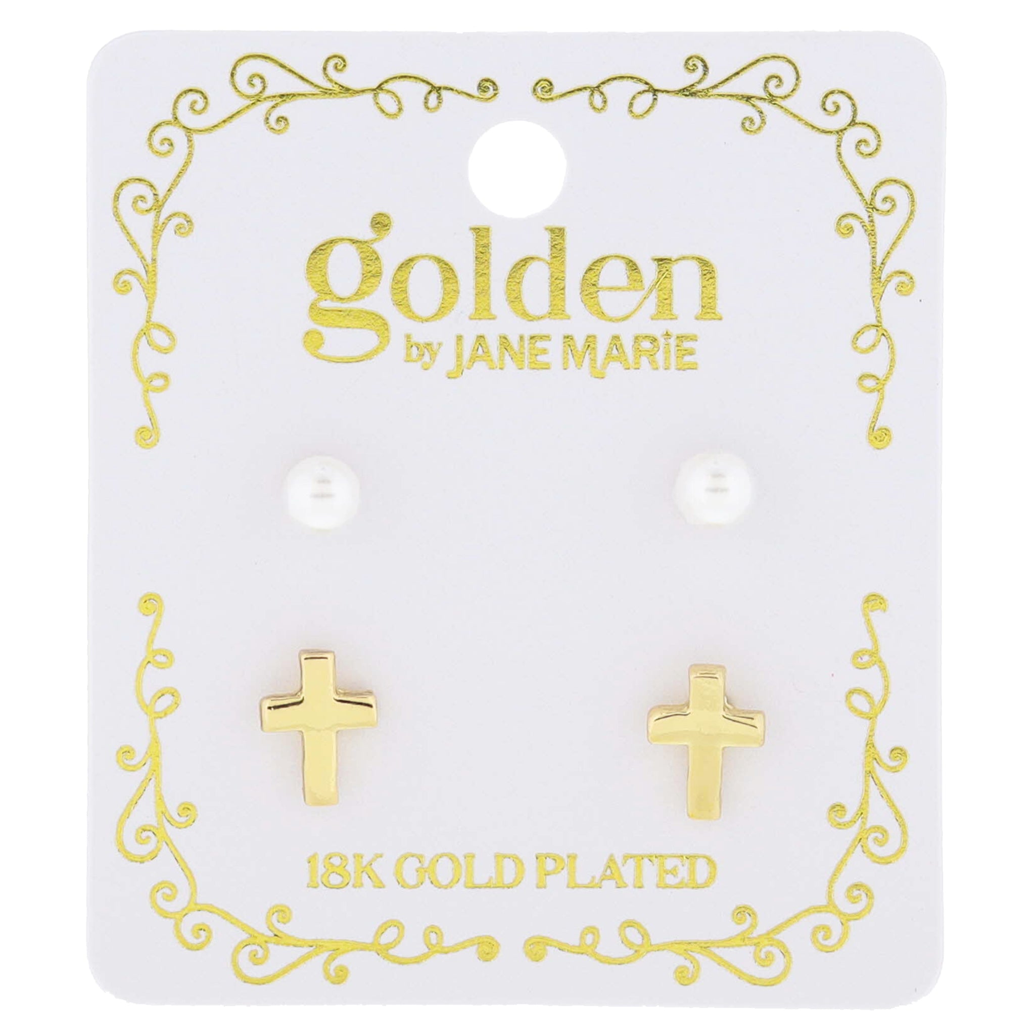 Golden Beauty! Kids 18K Gold Plated Mini Pearl & Gold Cross Stud Earrings Set