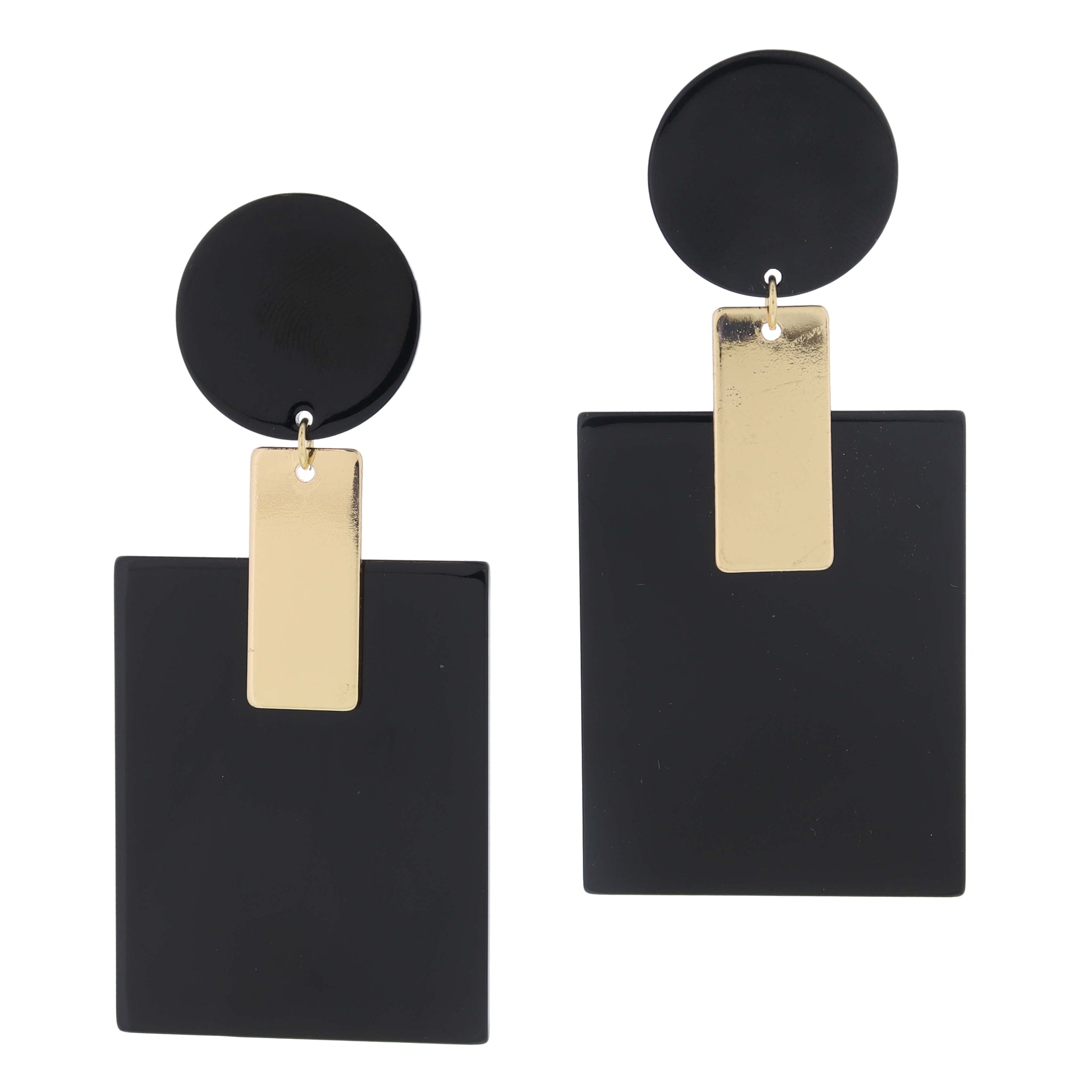 Black Acrylic Disc Post and Gold Rectangle on Large Black Acrylic Rectangle Earrings