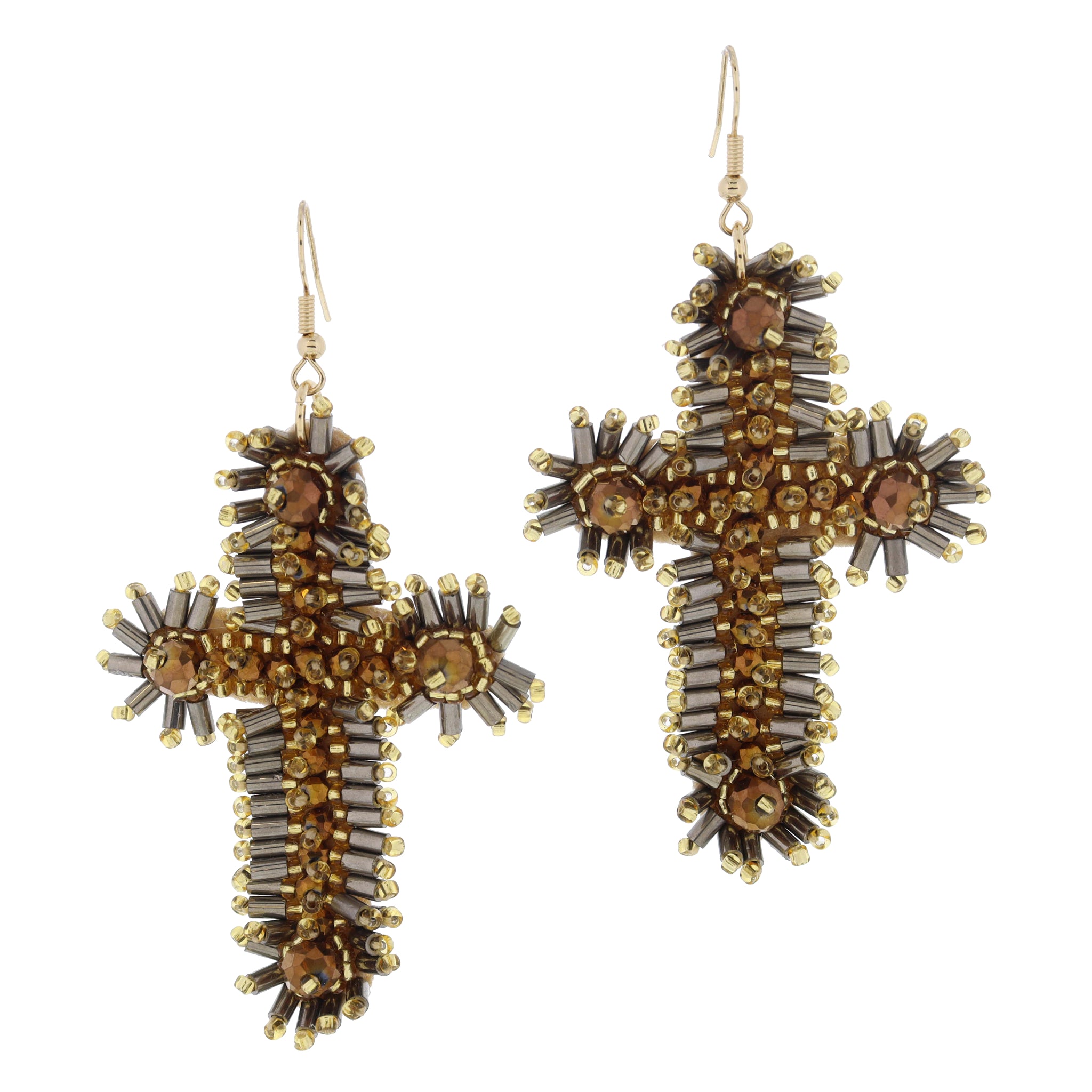 Multi Gold, Metallic Grey, Bronzy Brown Beaded Cross Earrings