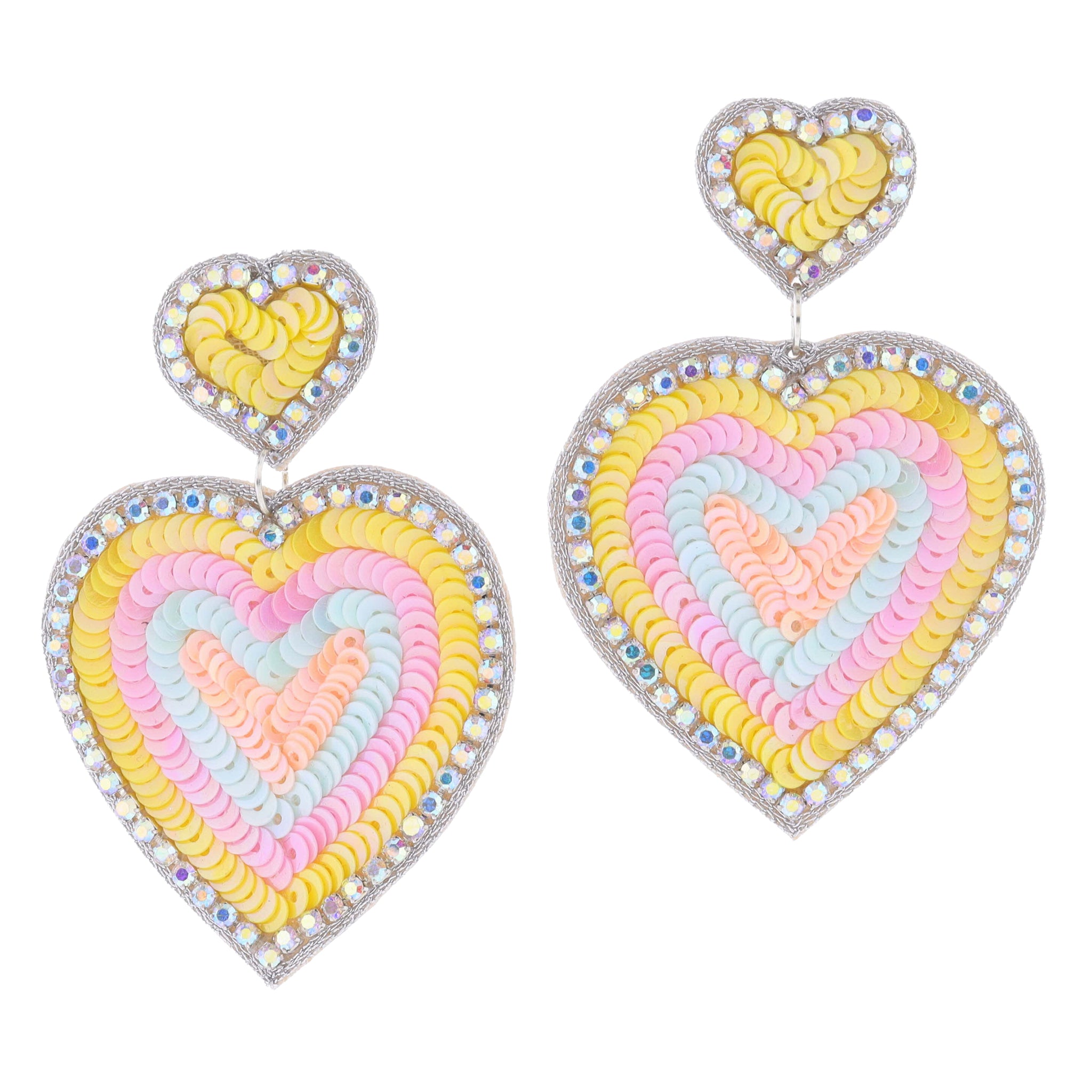 AB Crystal Lined and Multi Pastel Sequin Hearts Earrings, 2.75" Top to Bottom