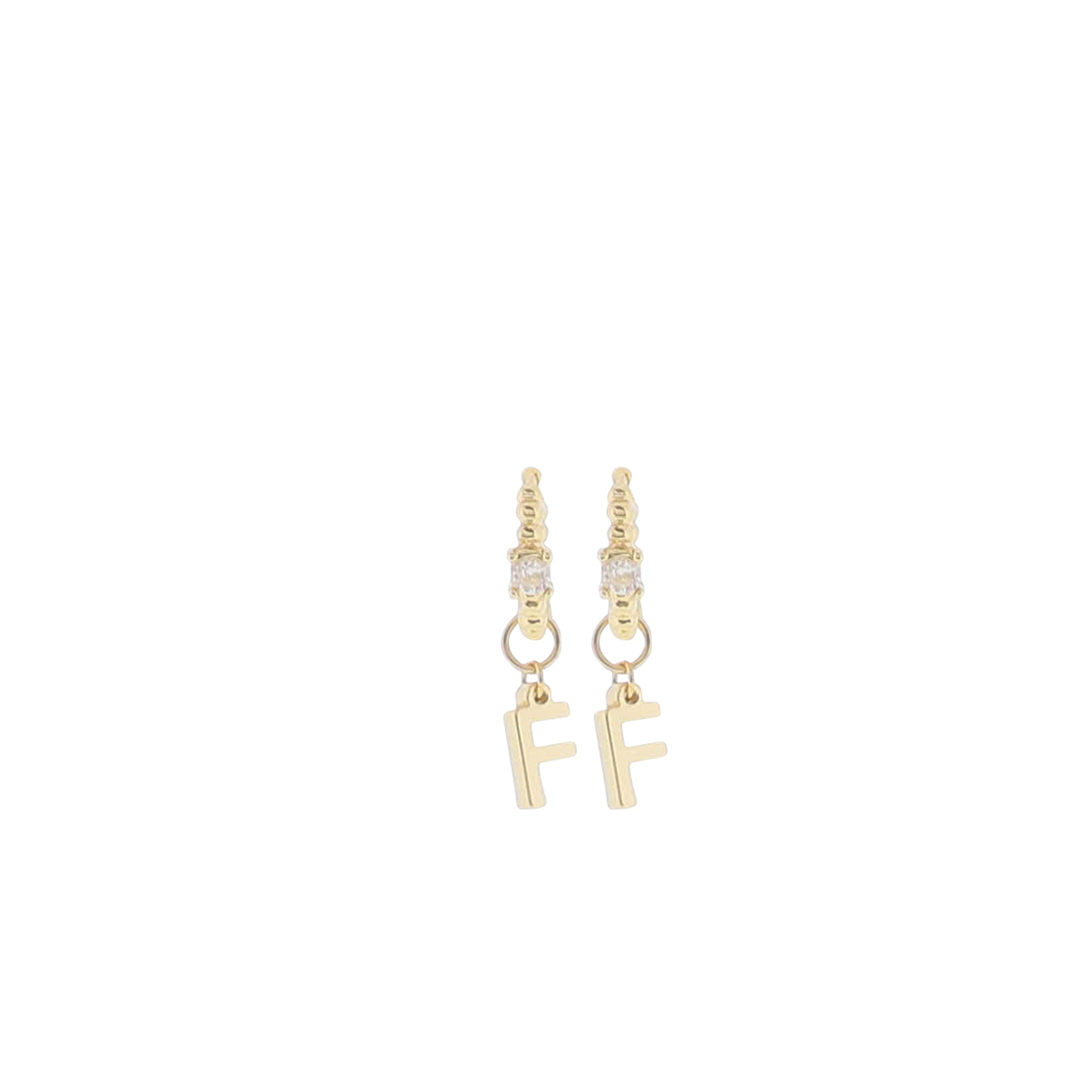 18K Gold Plated Ball Huggie Earring with Clear Crystal Initial "F"