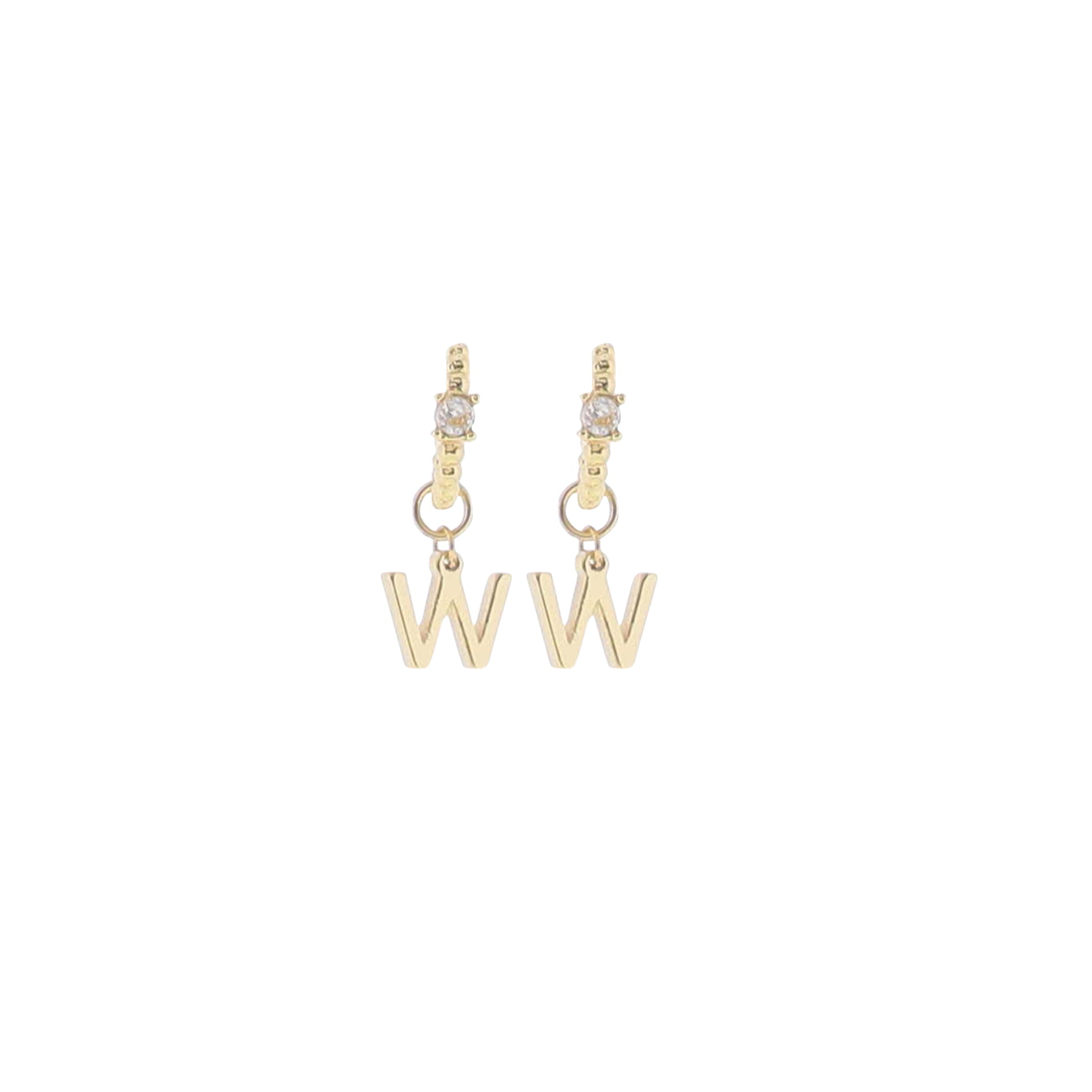 18K Gold Plated Ball Huggie Earring with Clear Crystal Initial "W"
