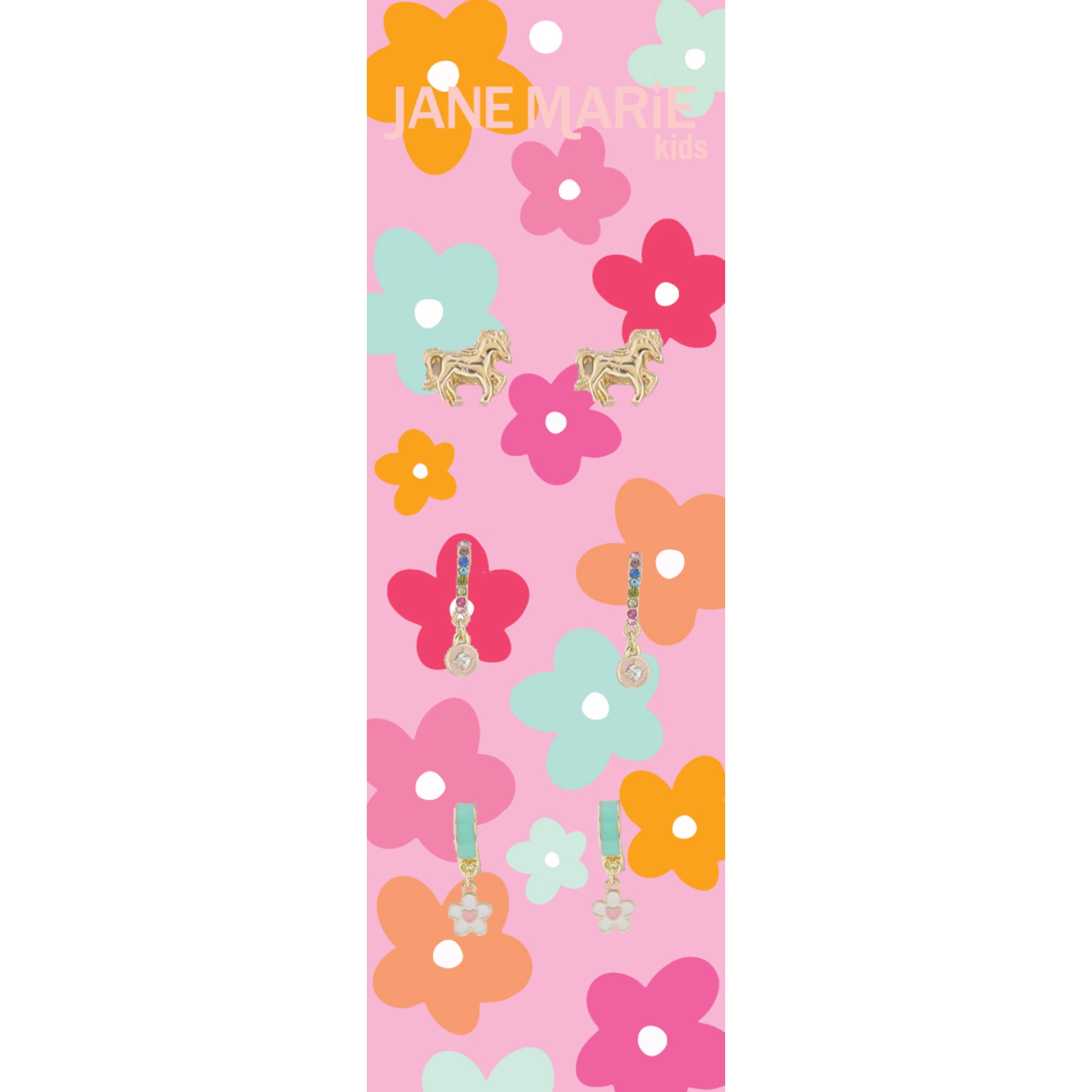 Kids Set of 3, Horse, Multi Hoop with Crystal, Teal Hoop with Flower Earring