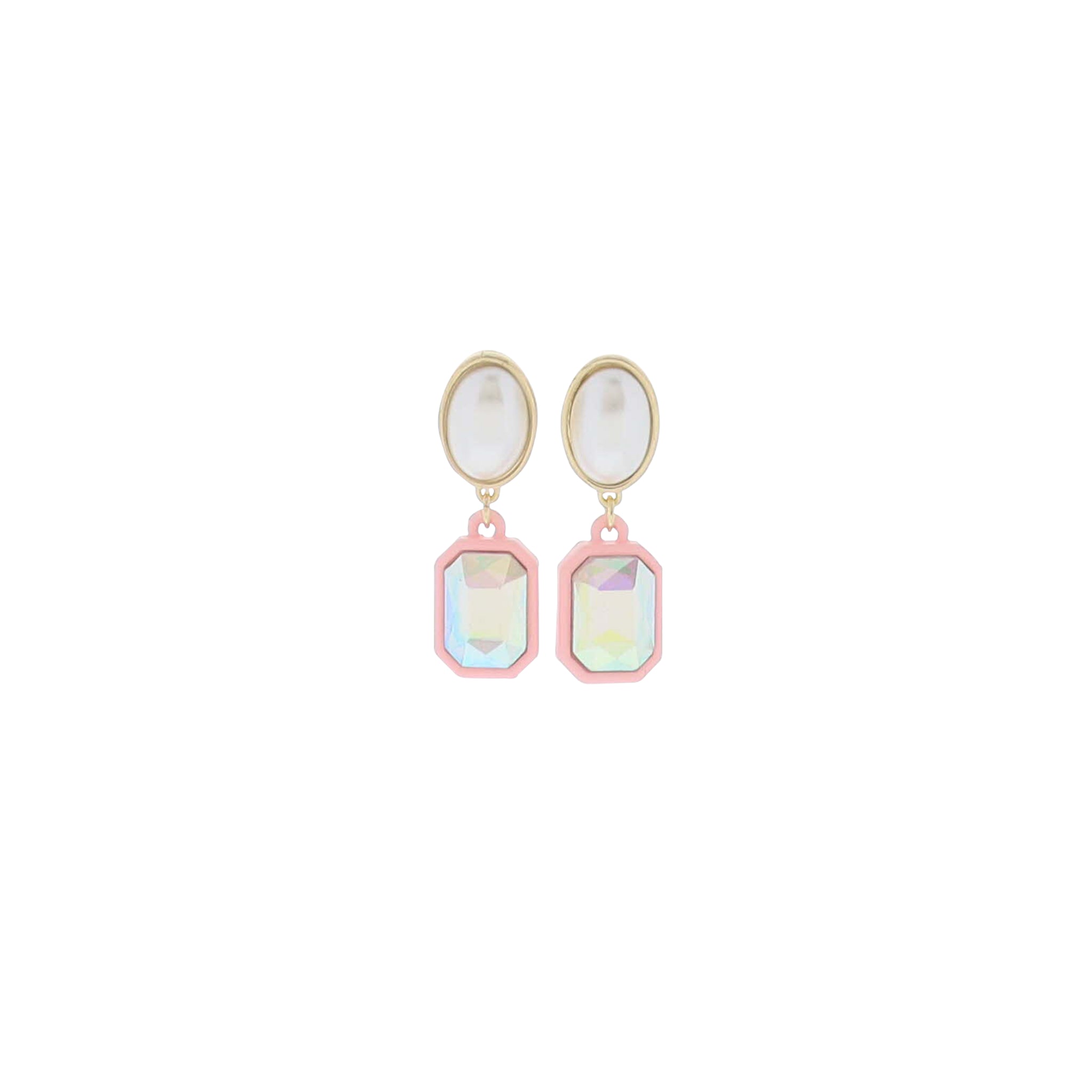 White, Pink AB, Pink Pearl Post with AB Pink Crystal in Pink Rectangle Casing Earring